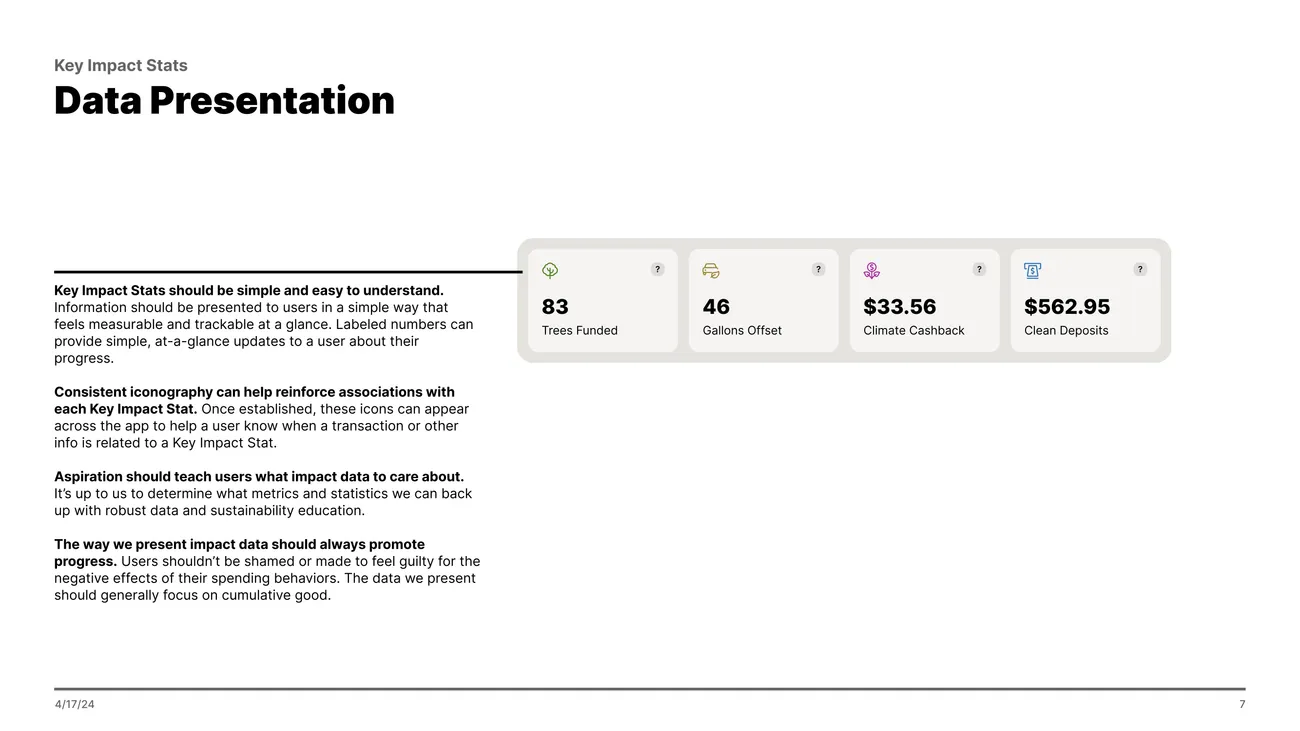 Slide titled Data Presentation, pairing principles for simple, glanceable impact stats with a row of four example tiles: trees funded, gallons offset, climate cashback, and clean deposits.