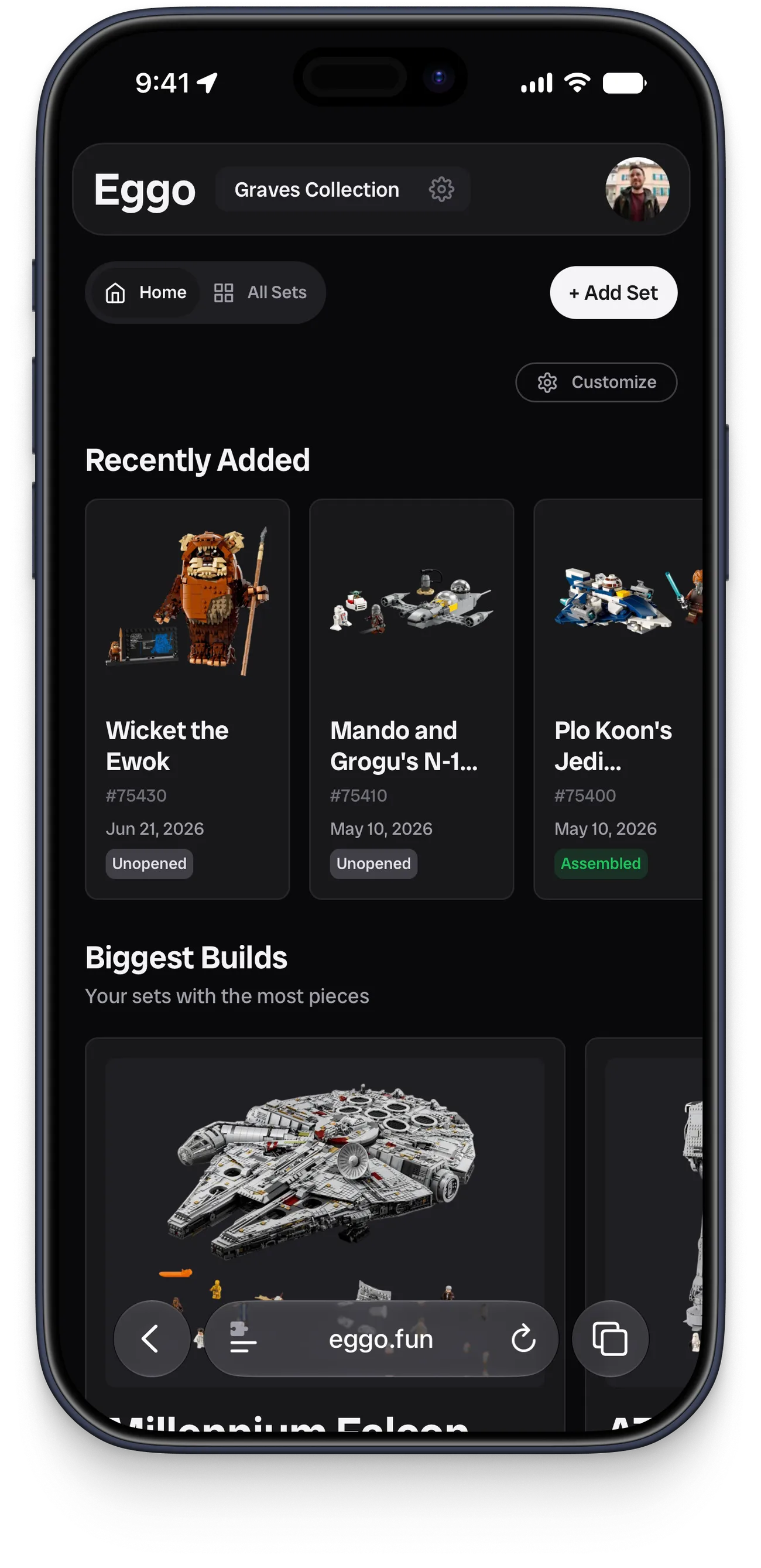 The Eggo Home view, with Home and All Sets tabs, an Add Set button, and a Recently Added row of set cards, each with a set number, date received, and a status badge like Unopened or Assembled, above a Biggest Builds section of larger sets.