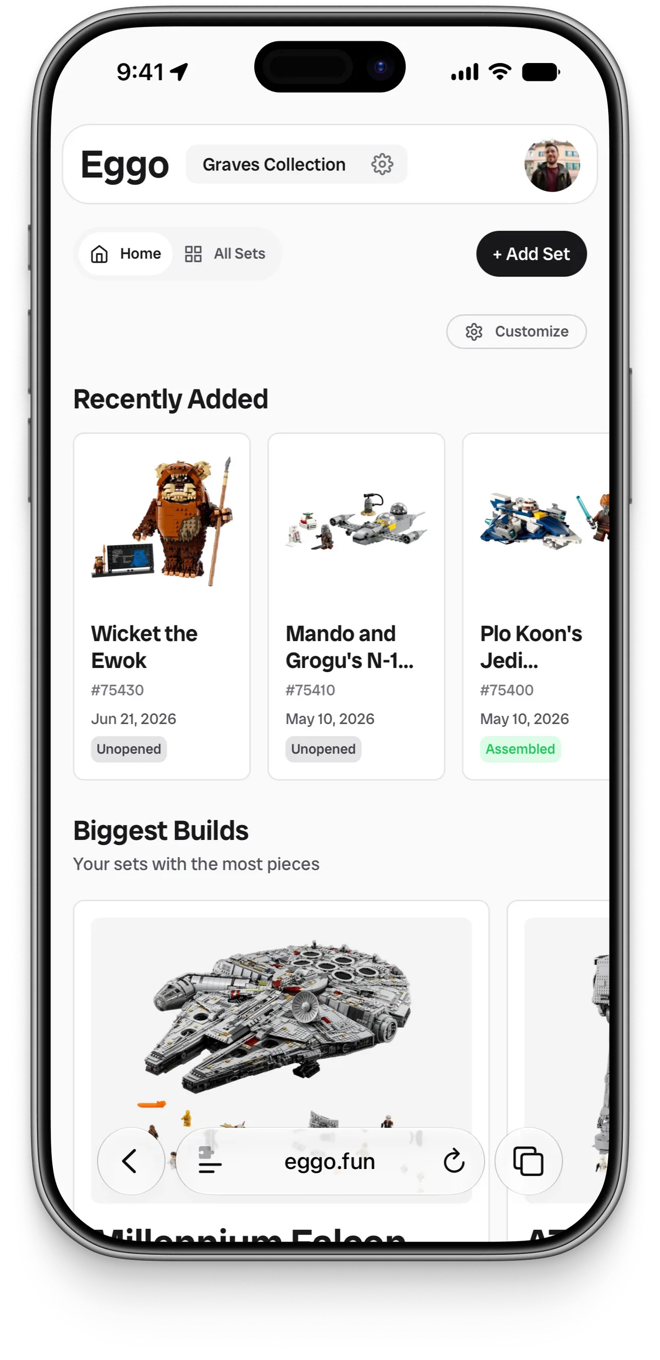 The Eggo Home view, with Home and All Sets tabs, an Add Set button, and a Recently Added row of set cards, each with a set number, date received, and a status badge like Unopened or Assembled, above a Biggest Builds section of larger sets.