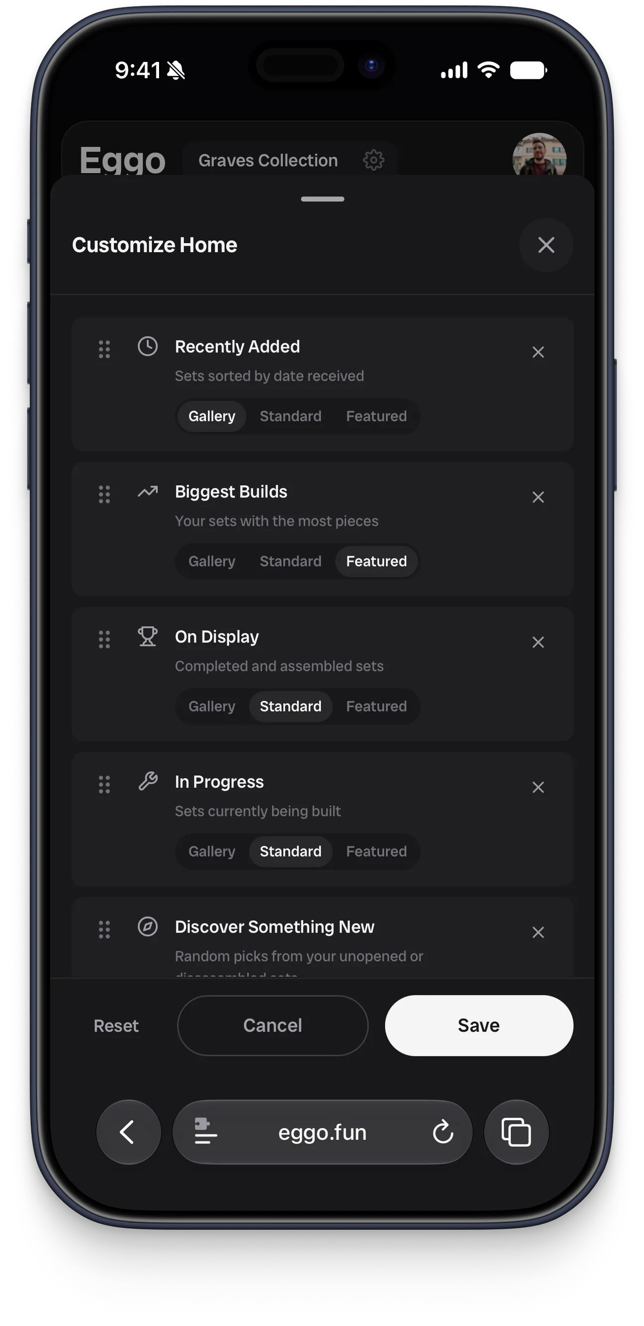 The Customize Home sheet, with draggable rows for the Recently Added, Biggest Builds, On Display, In Progress, and Discover Something New sections, each with Gallery, Standard, and Featured layout options and a remove button.