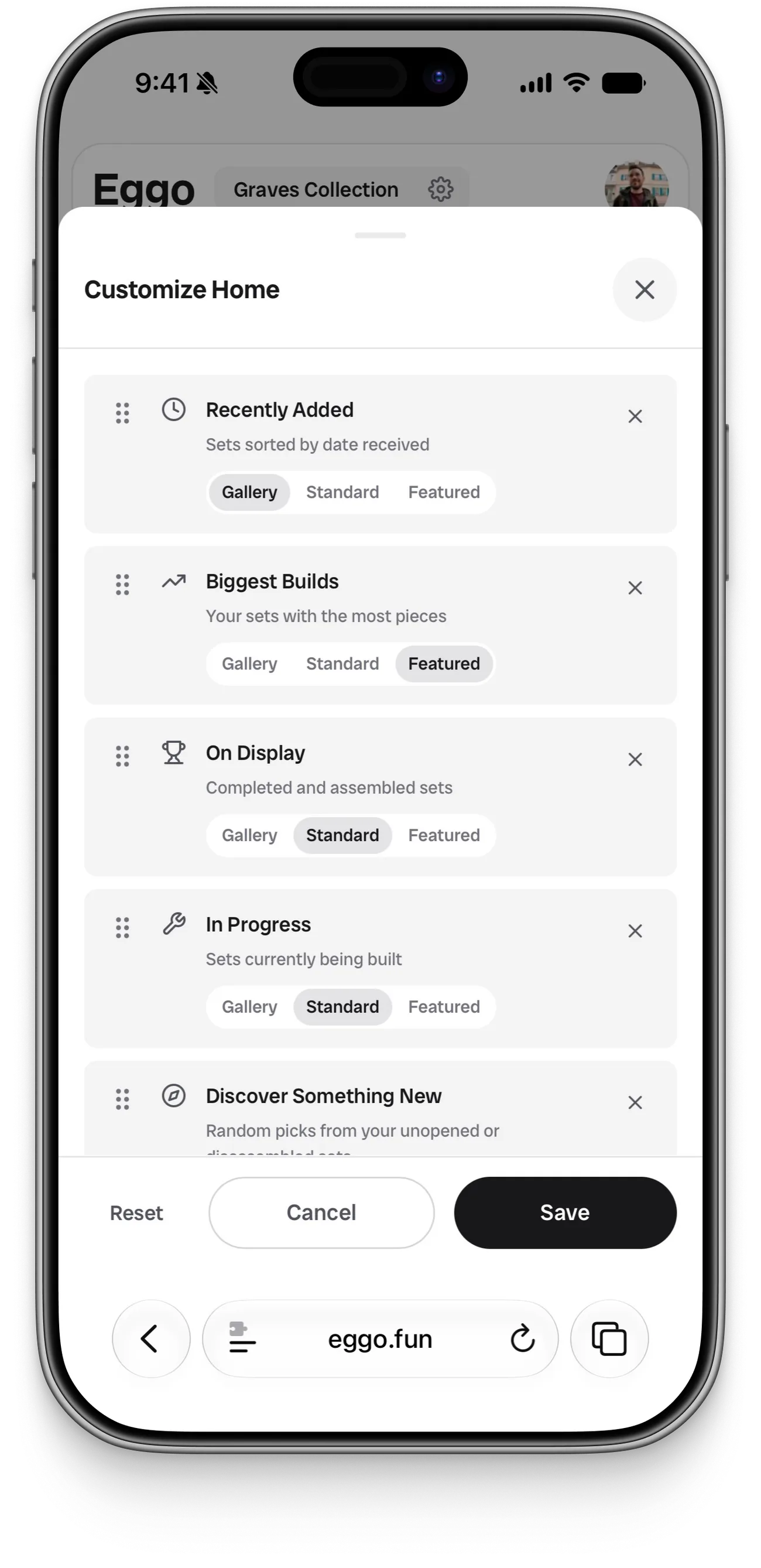The Customize Home sheet, with draggable rows for the Recently Added, Biggest Builds, On Display, In Progress, and Discover Something New sections, each with Gallery, Standard, and Featured layout options and a remove button.