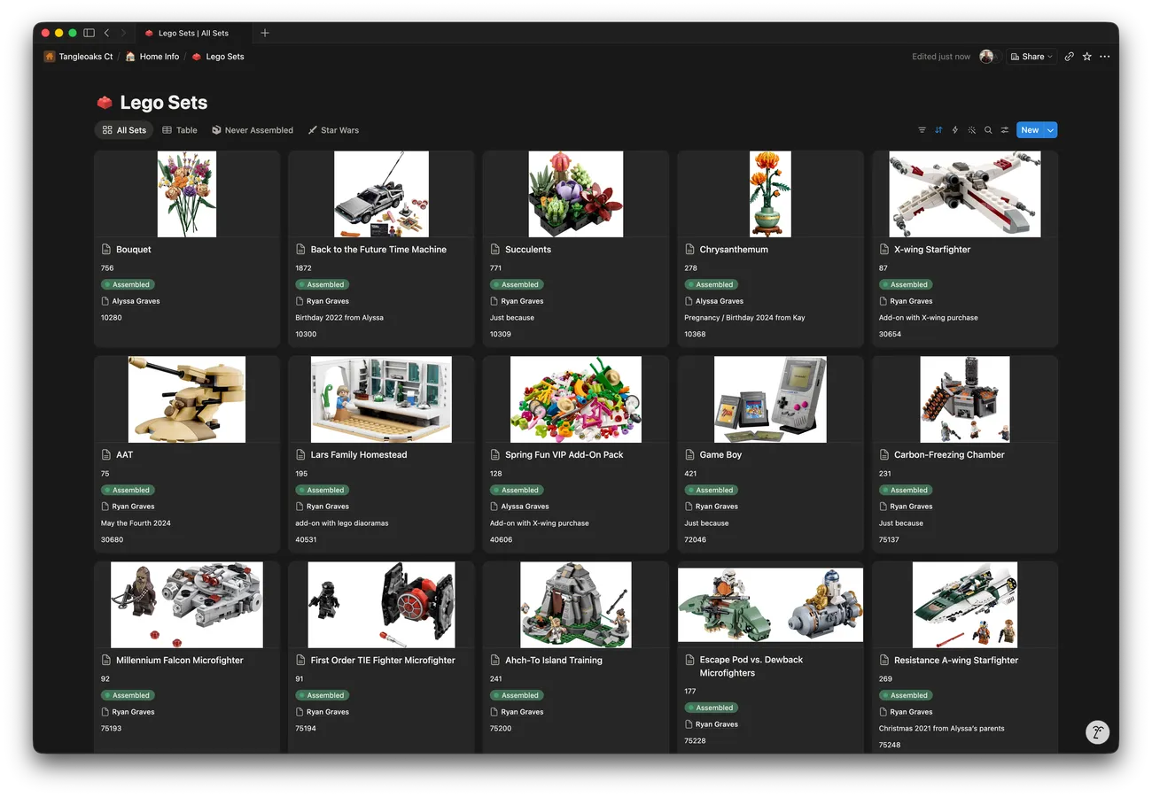 A Notion database in gallery view, with tabs for different views, sort and filter controls, and a grid of cards. Each card has an official set photo, the set name, piece count, a status tag, an owner, an occasion note, and a set number.