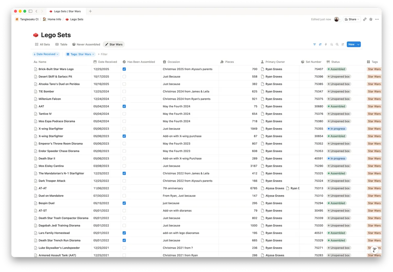 The database in table view, filtered to one tag and sorted by date received, with columns for name, date, assembly checkbox, occasion, piece count, owner, set number, status, and tags.