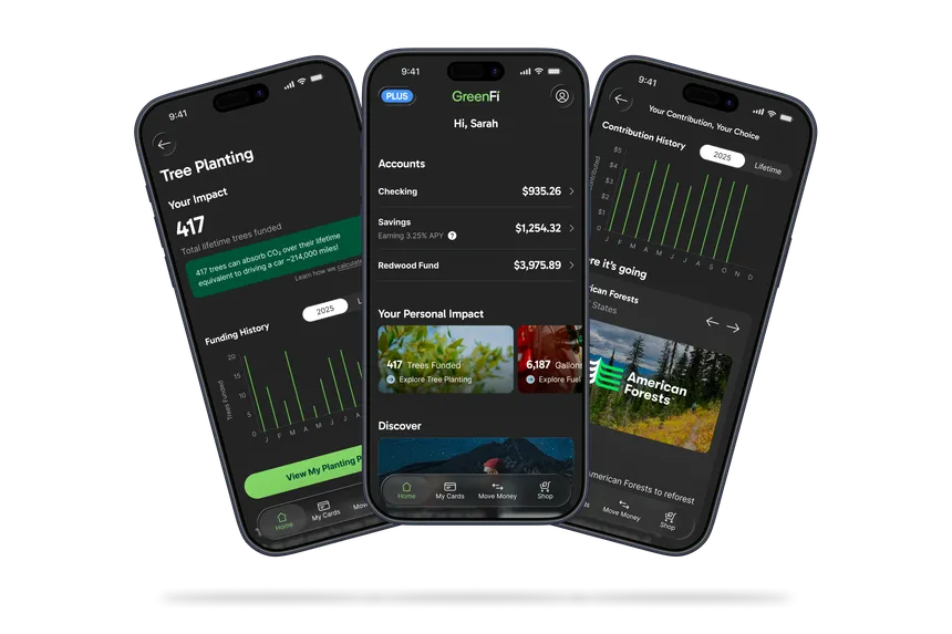 Three phones showing the GreenFi app: a Tree Planting impact page with funding history, the Home view with account balances and personal impact tiles, and a contribution history page for American Forests.