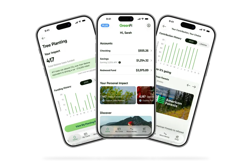 Three phones showing the GreenFi app: a Tree Planting impact page with funding history, the Home view with account balances and personal impact tiles, and a contribution history page for American Forests.