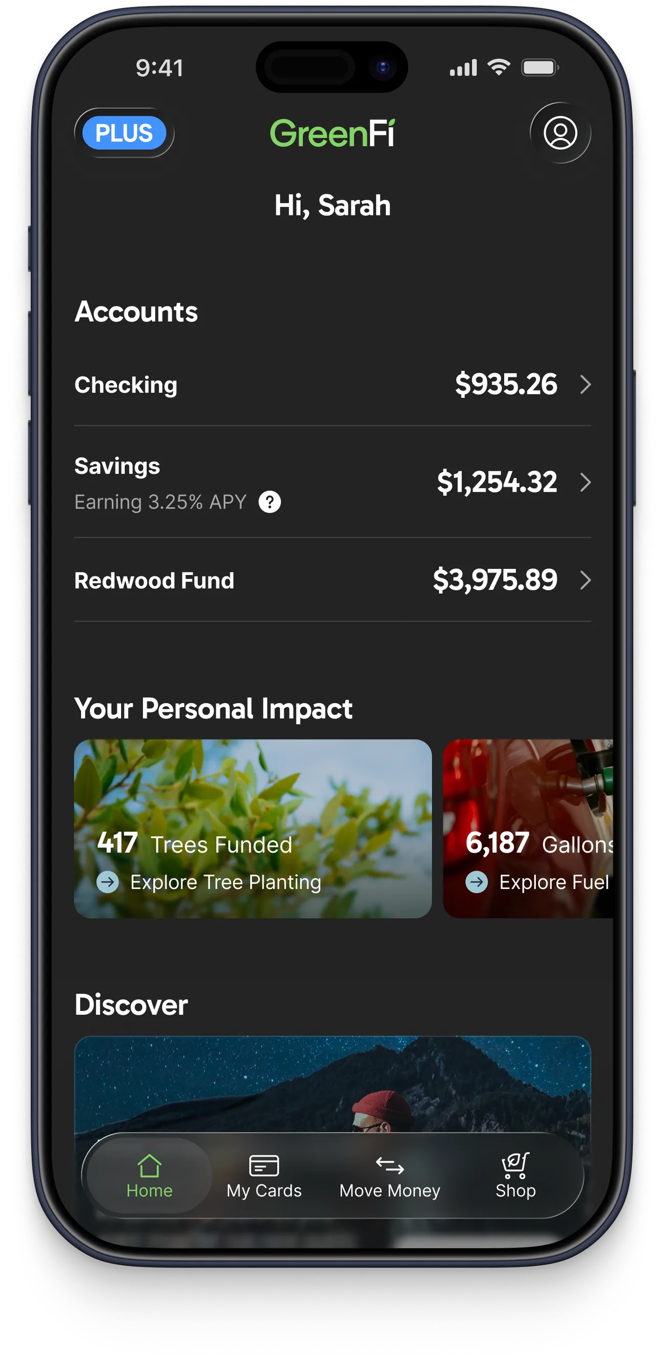 GreenFi Home view with a Personal Impact section below the account balances, showing side-scrolling photo tiles for trees funded and gallons offset.
