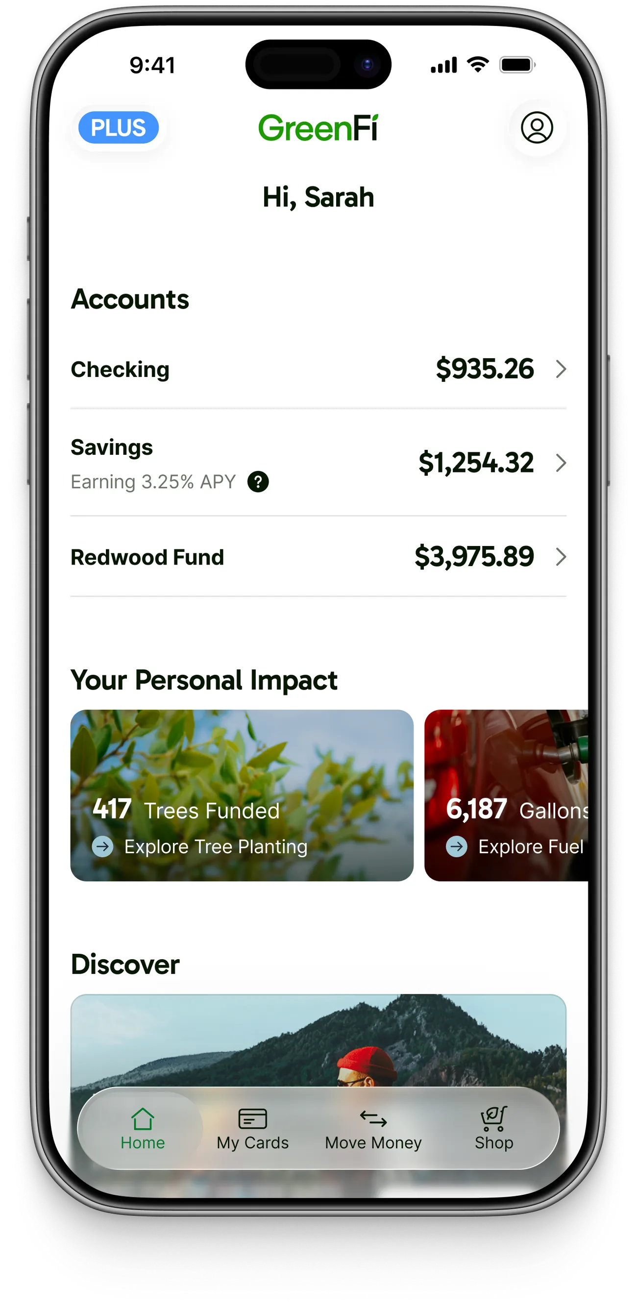 GreenFi Home view with a Personal Impact section below the account balances, showing side-scrolling photo tiles for trees funded and gallons offset.