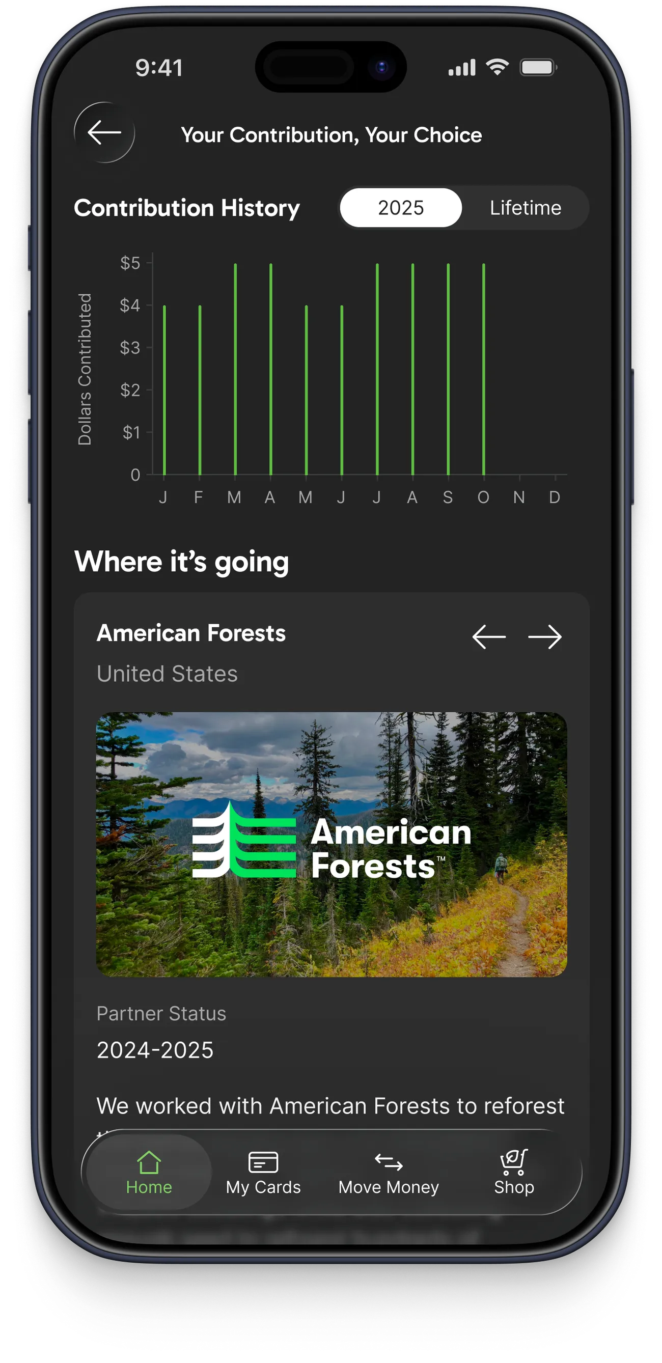Contributions impact page with a contribution history chart and a 'Where it's going' card explaining that contributions currently support the organization American Forests.