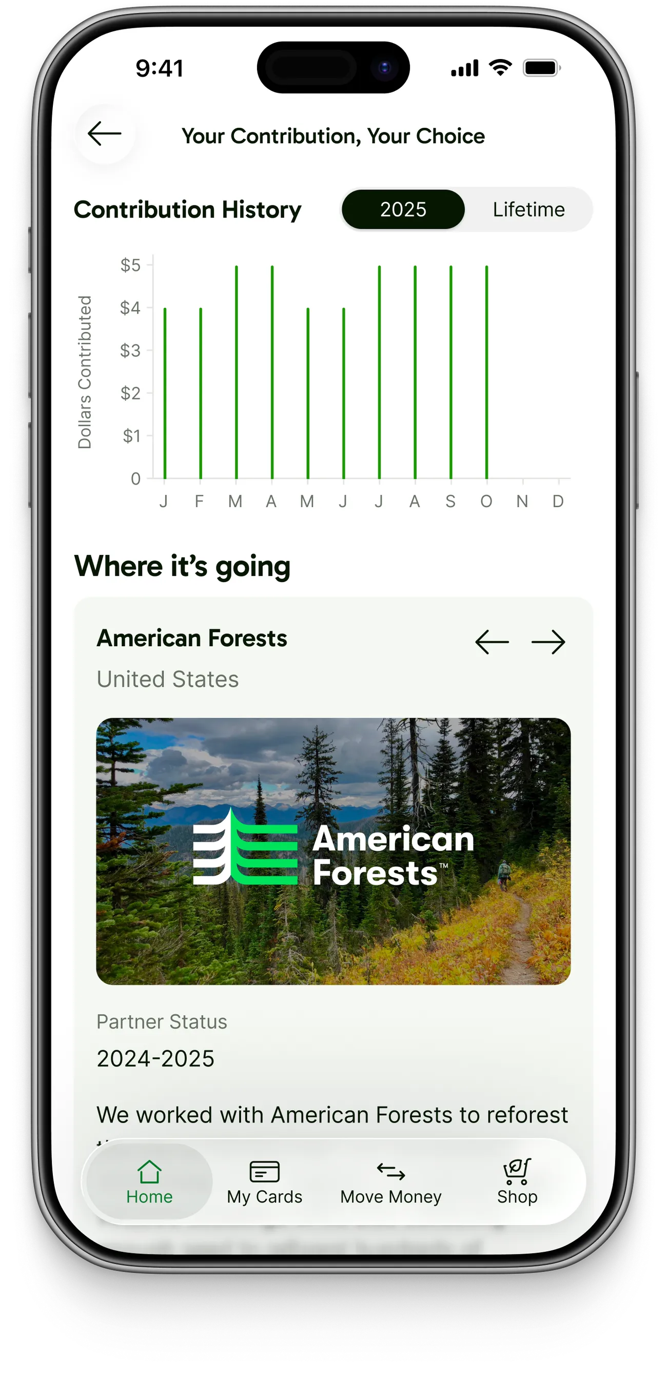 Contributions impact page with a contribution history chart and a 'Where it's going' card explaining that contributions currently support the organization American Forests.