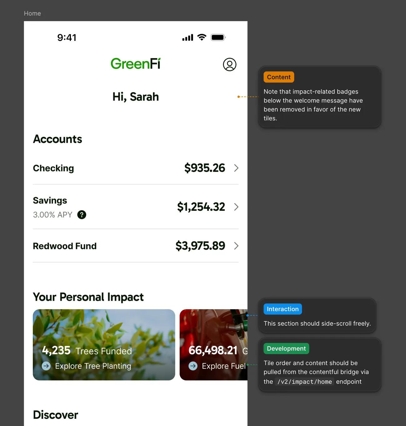 Home view mock with Figma annotations carrying content, interaction, and development notes, including the endpoint the tiles load from.