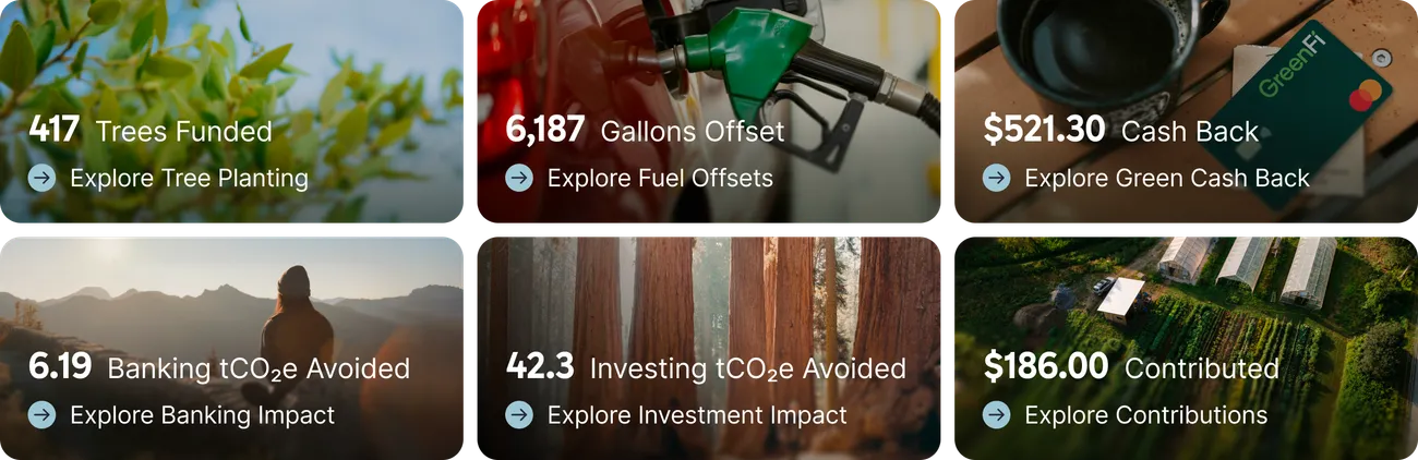 A grid showing the various impact stat tiles that would appear on a GreenFi member's Home view.