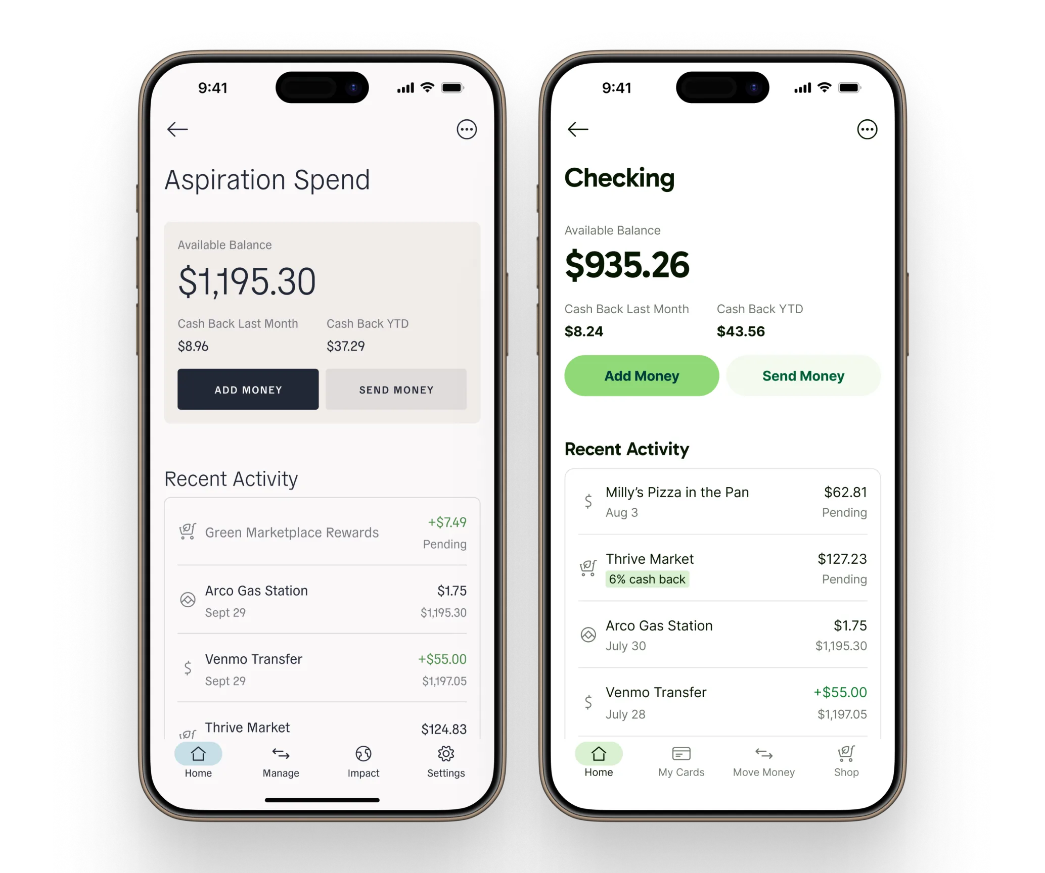 Before and after of the account screen: the Aspiration Spend layout next to the reworked GreenFi Checking screen with cleaner balance, actions, and activity list