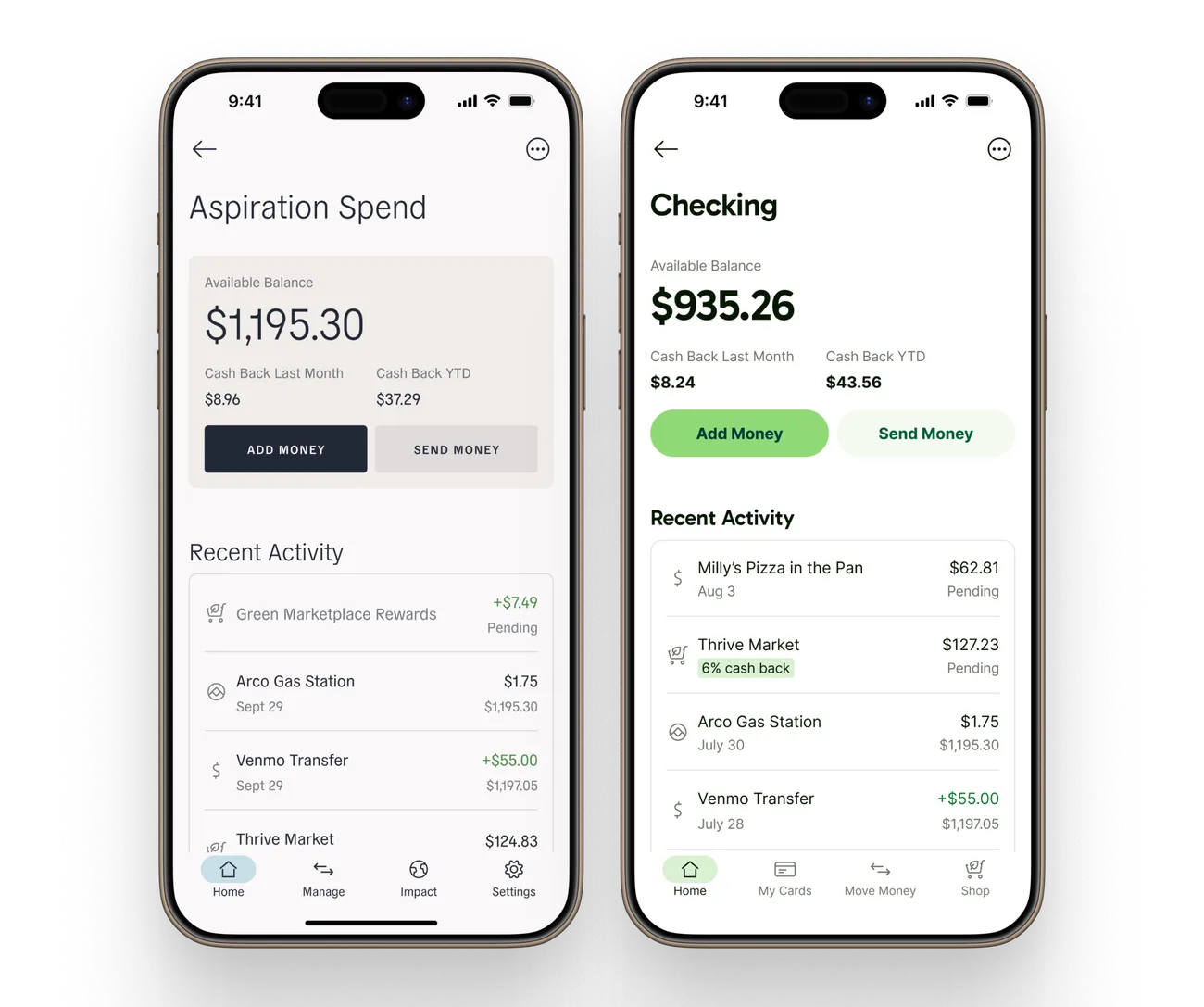 Before and after of the account screen: the Aspiration Spend layout next to the reworked GreenFi Checking screen with cleaner balance, actions, and activity list