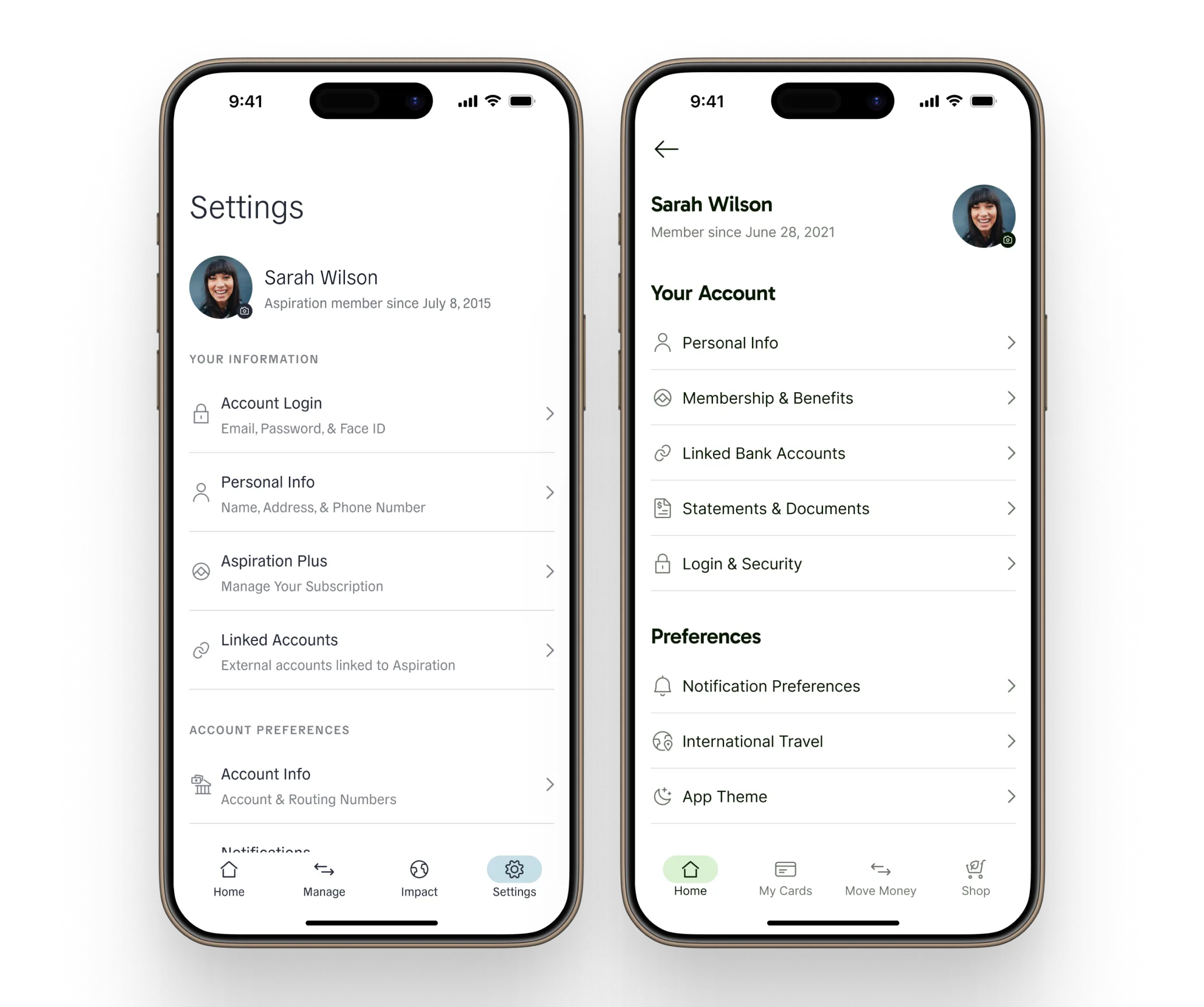 Before and after of the Settings screen: the old flat settings list next to the reorganized account and preferences structure
