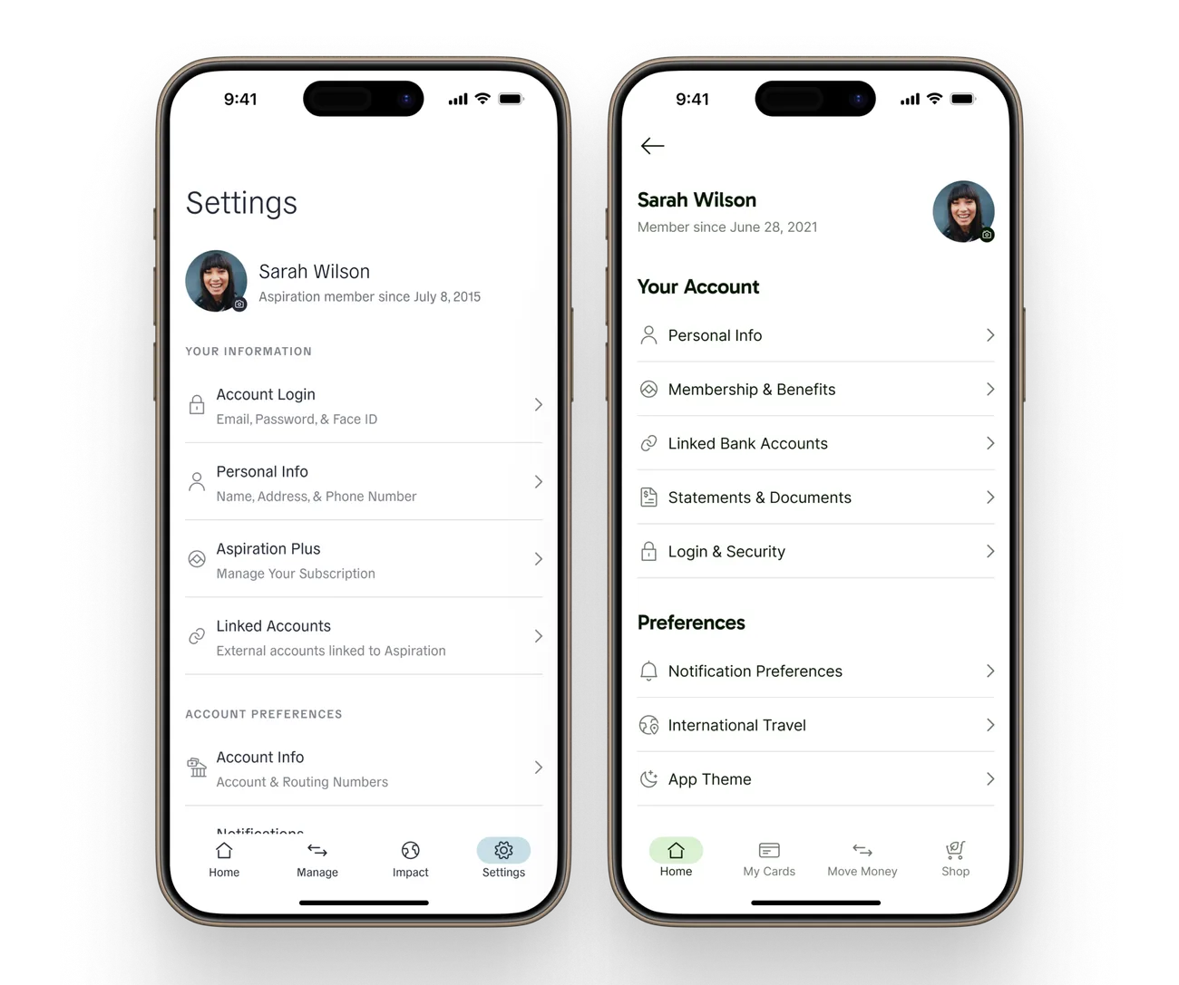 Before and after of the Settings screen: the old flat settings list next to the reorganized account and preferences structure