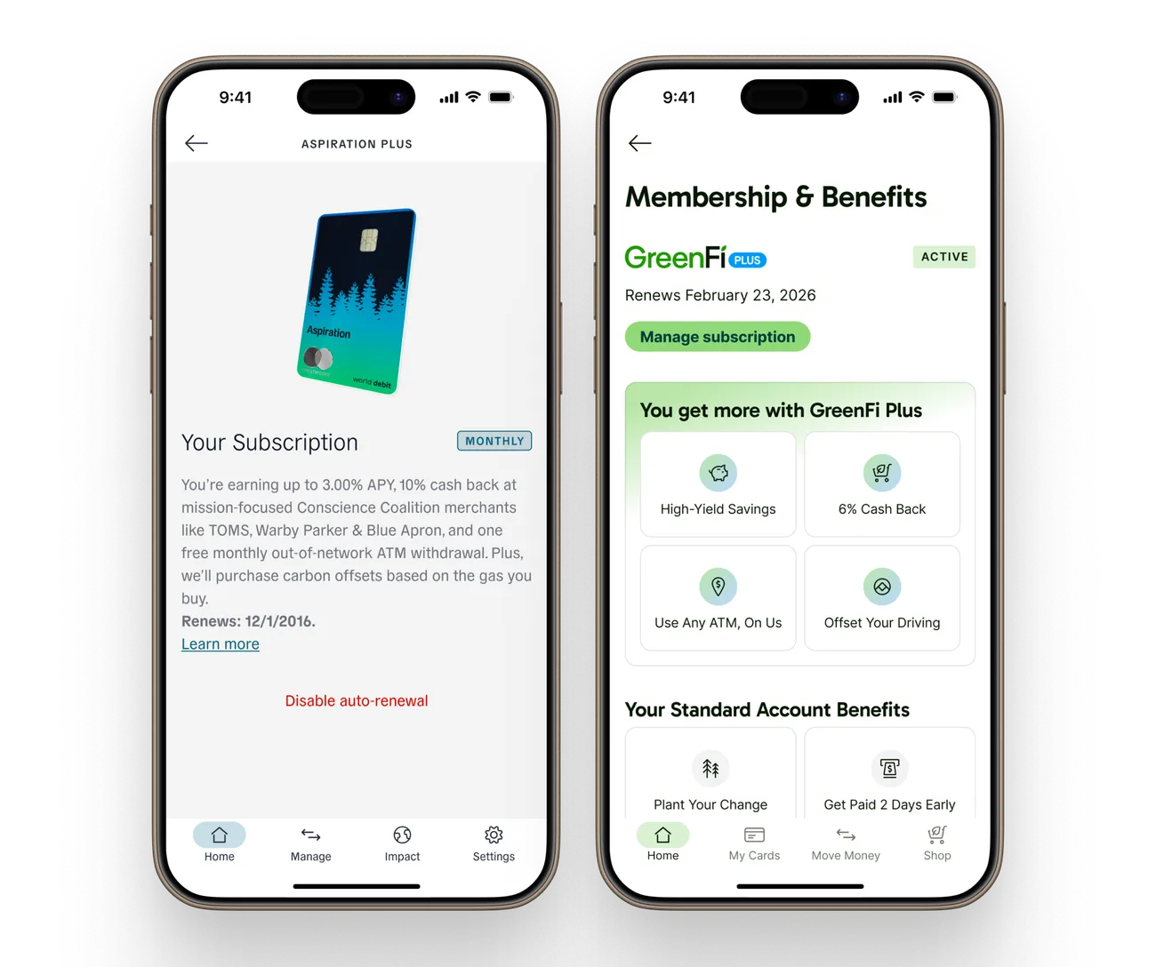 Before and after of the subscription screen: the old Aspiration Plus copy next to the rewritten GreenFi Plus membership and benefits layout