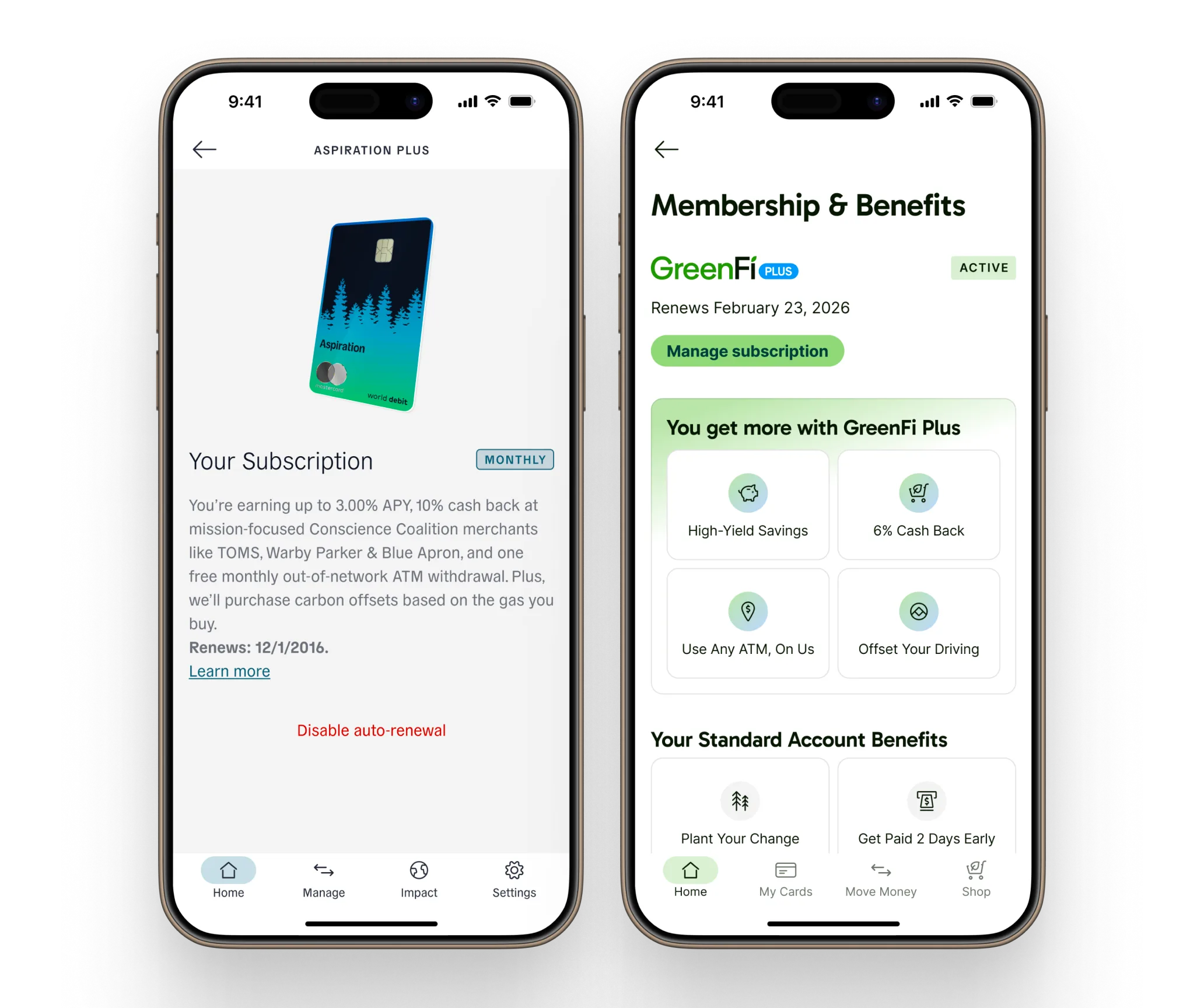 Before and after of the subscription screen: the old Aspiration Plus copy next to the rewritten GreenFi Plus membership and benefits layout