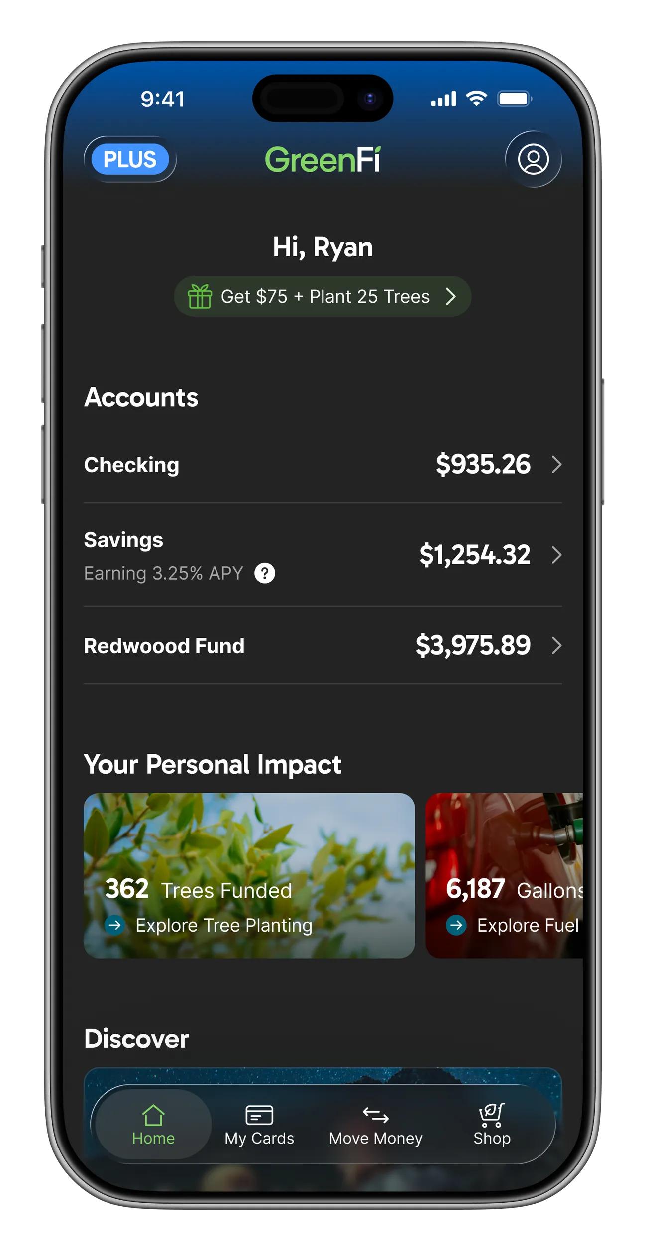 GreenFi app Home view with a 'Get $75 + Plant 25 Trees' referral button directly below the 'Hi, Ryan' greeting, above the accounts list.