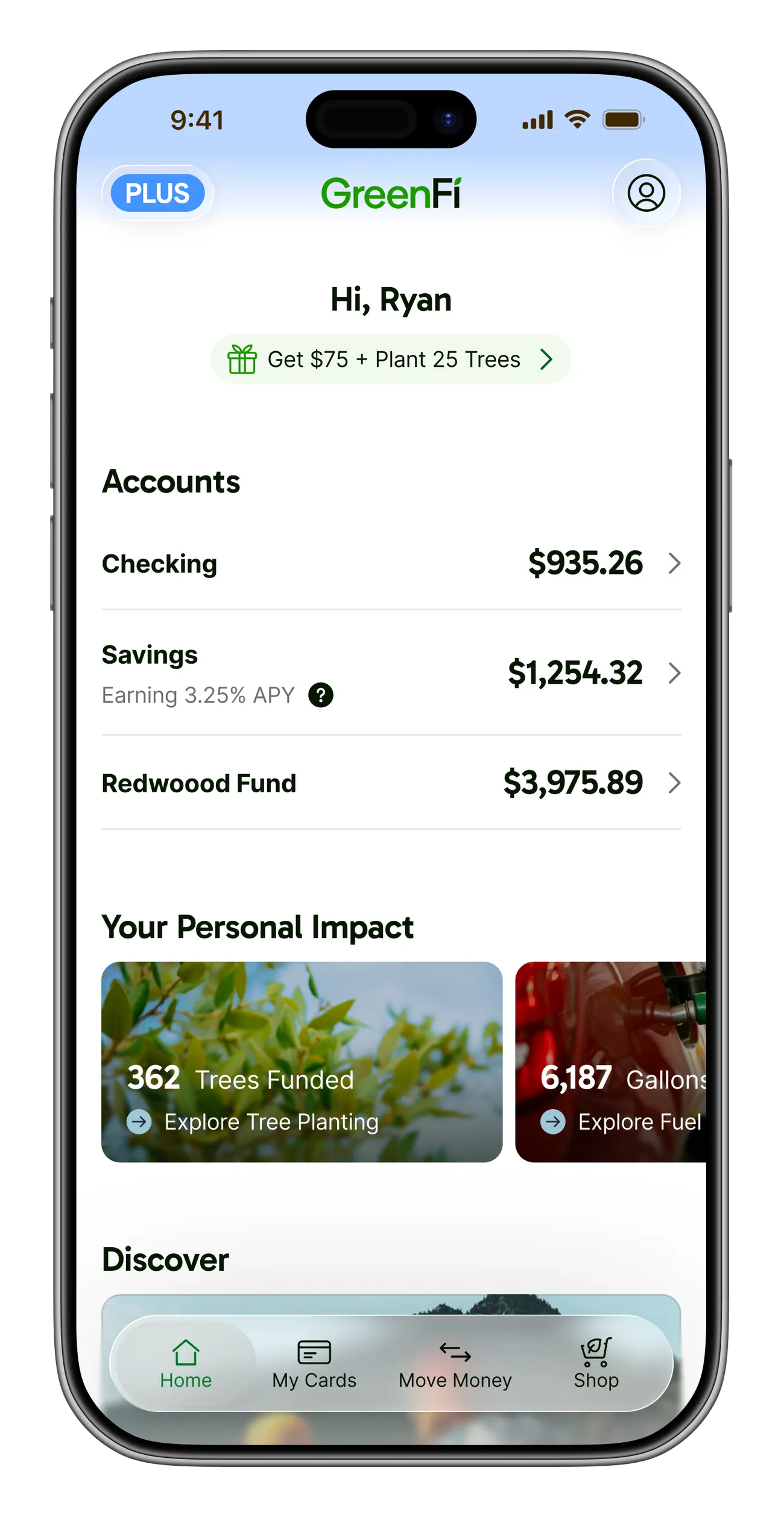 GreenFi app Home view with a 'Get $75 + Plant 25 Trees' referral button directly below the 'Hi, Ryan' greeting, above the accounts list.