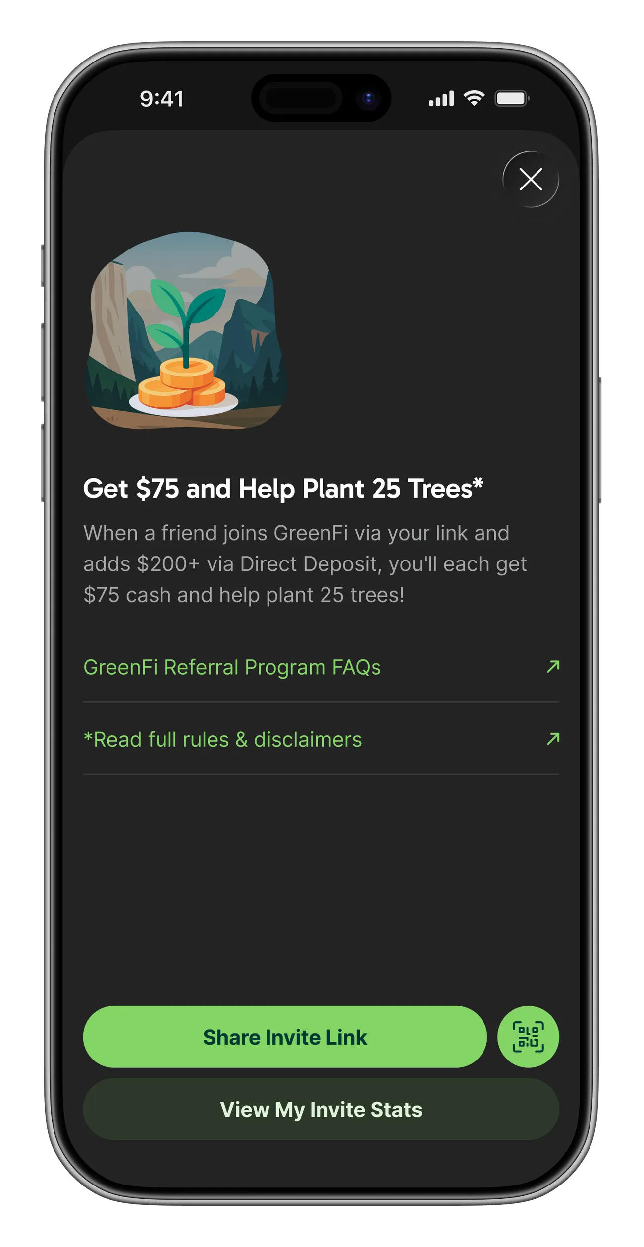 Referrals sheet headlined 'Get $75 and Help Plant 25 Trees,' explaining the offer, with links to program FAQs and full rules, and buttons to share an invite link or view invite stats.