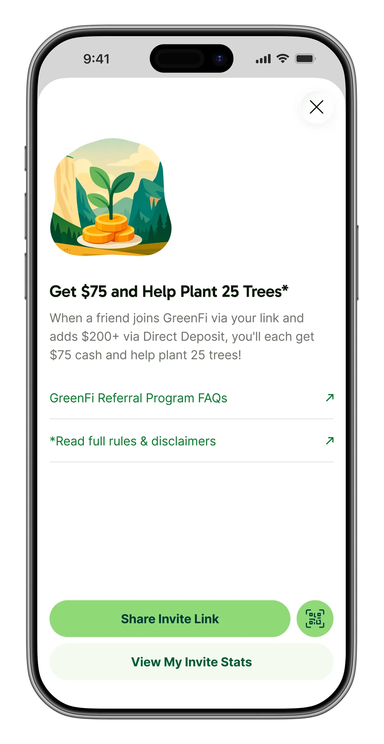 Referrals sheet headlined 'Get $75 and Help Plant 25 Trees,' explaining the offer, with links to program FAQs and full rules, and buttons to share an invite link or view invite stats.