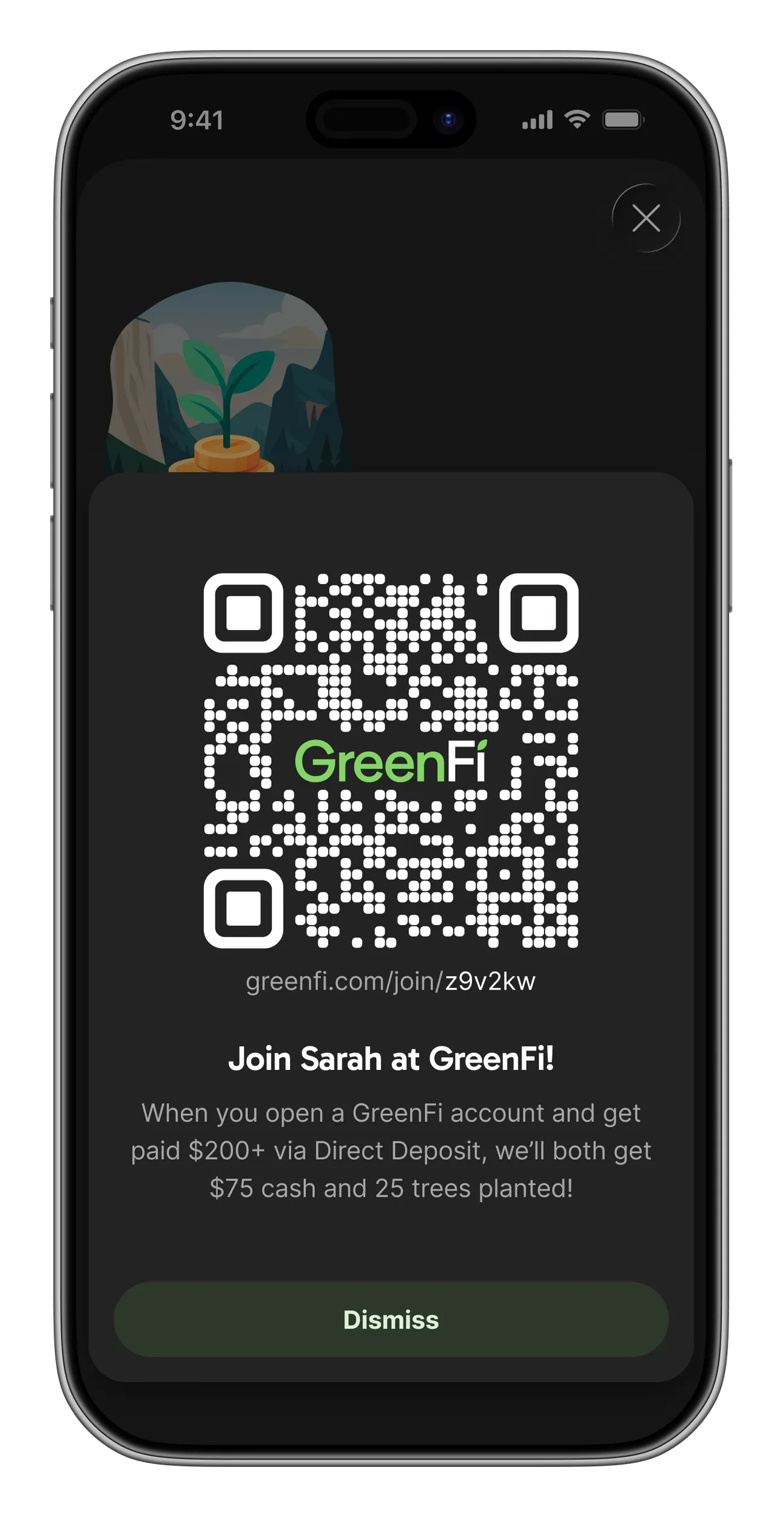 QR code card with a GreenFi-branded QR code above the member's referral URL and the invitation 'Join Sarah at GreenFi!'