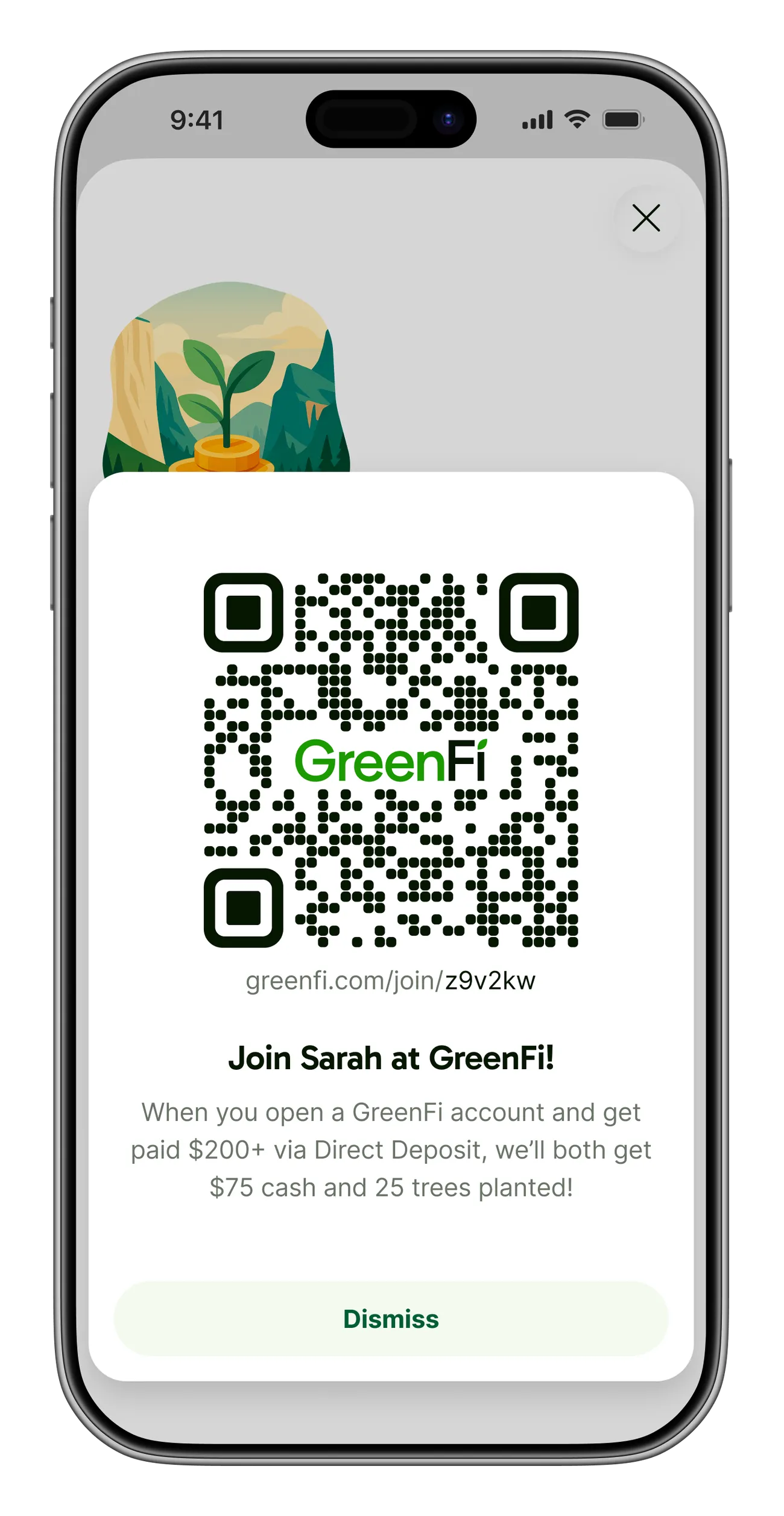 QR code card with a GreenFi-branded QR code above the member's referral URL and the invitation 'Join Sarah at GreenFi!'