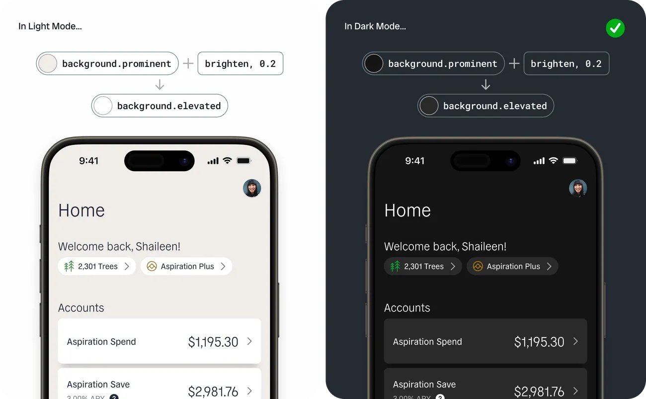 The same comparison with the fix: deriving background.elevated from background.prominent with a brighten modifier, so the account cards correctly read lighter than the page in both light and dark mode.
