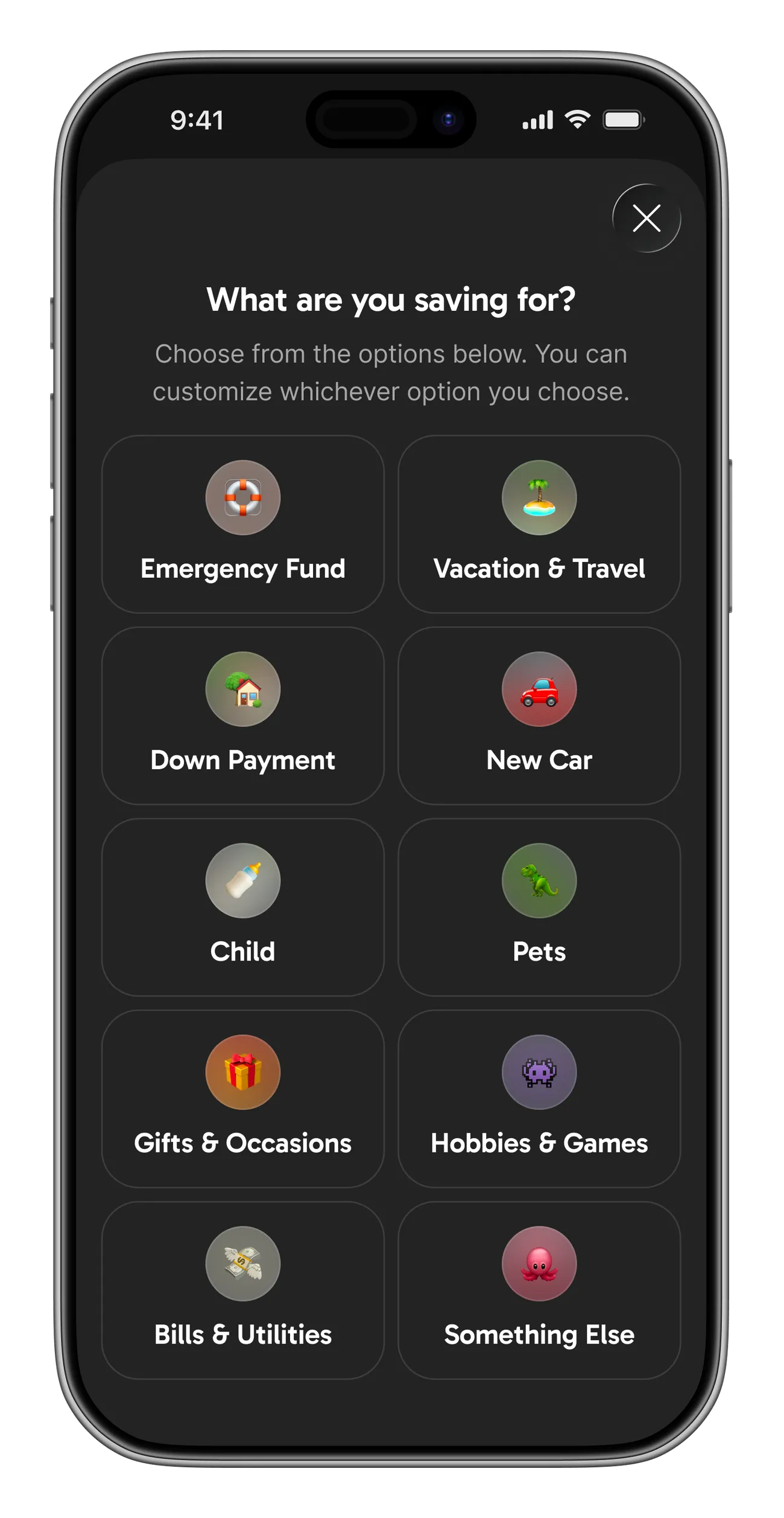 A 'What are you saving for?' screen with a two-column grid of emoji-topped suggestion cards: Emergency Fund, Vacation & Travel, Down Payment, New Car, Child, Pets, Gifts & Occasions, Hobbies & Games, Bills & Utilities, and Something Else.