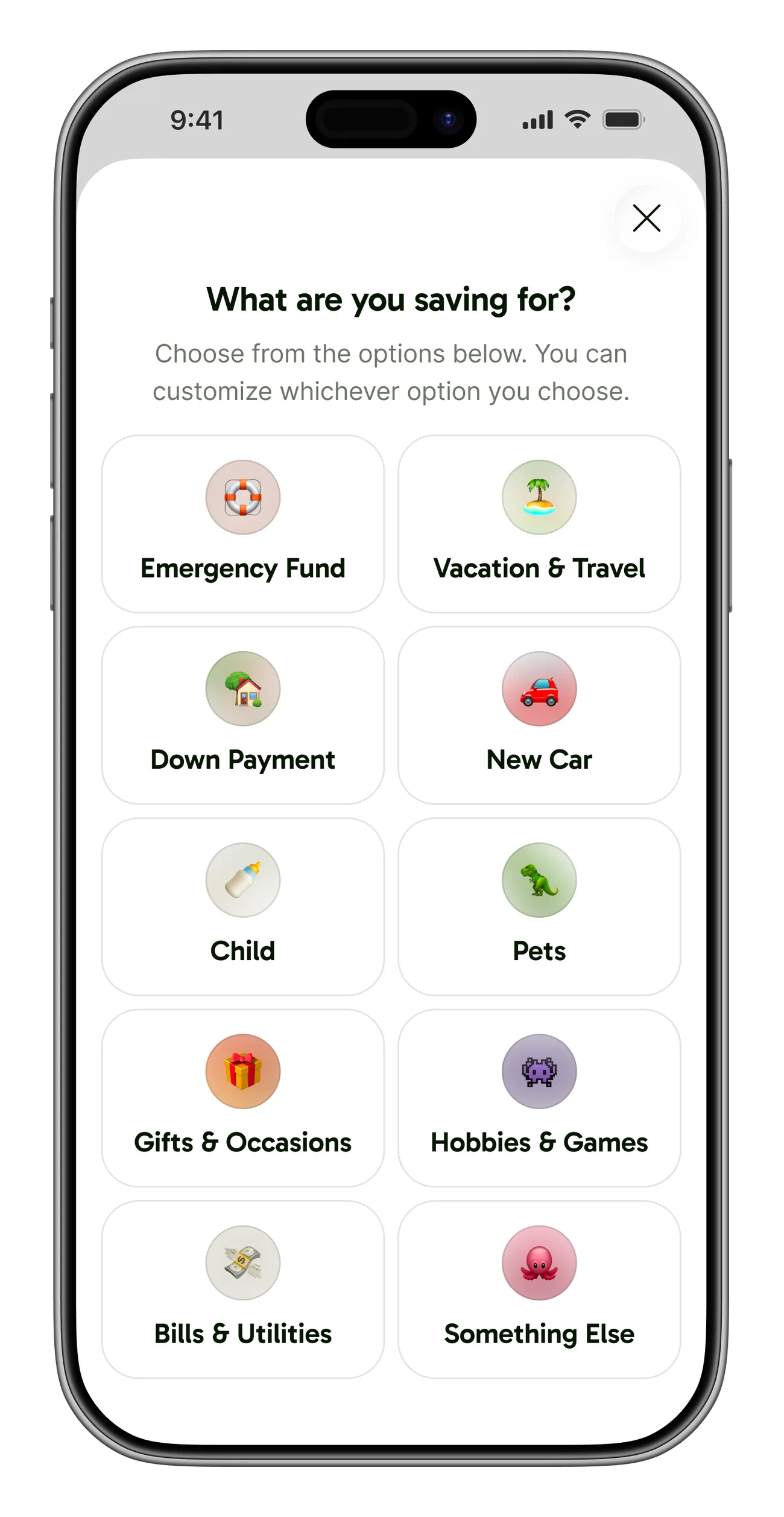 A 'What are you saving for?' screen with a two-column grid of emoji-topped suggestion cards: Emergency Fund, Vacation & Travel, Down Payment, New Car, Child, Pets, Gifts & Occasions, Hobbies & Games, Bills & Utilities, and Something Else.