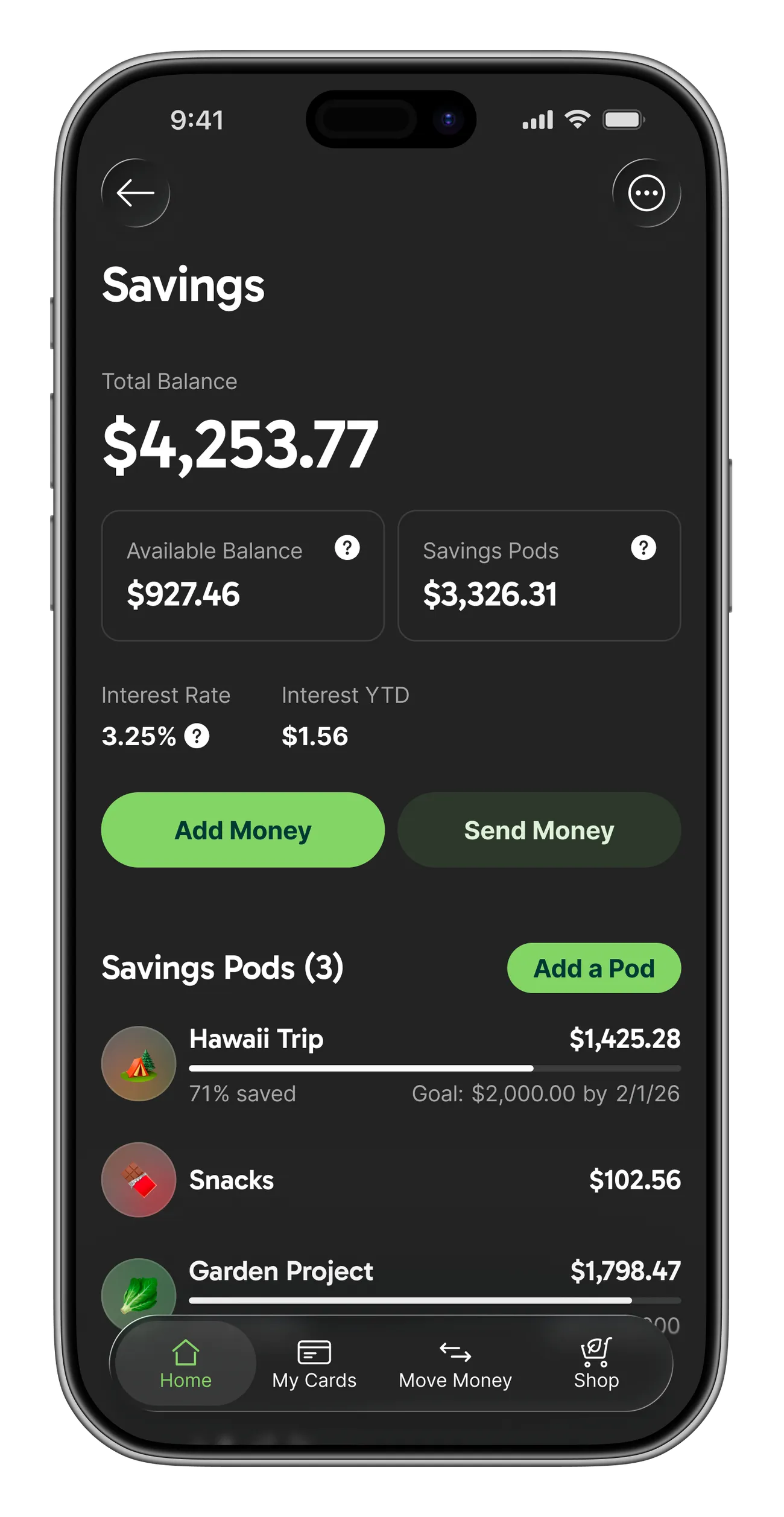 A Savings account view with a $4,253.77 total balance broken into Available Balance and Savings Pods tiles, Add Money and Send Money buttons, and a 'Savings Pods (3)' list showing Hawaii Trip, Snacks, and Garden Project with balances and progress bars.