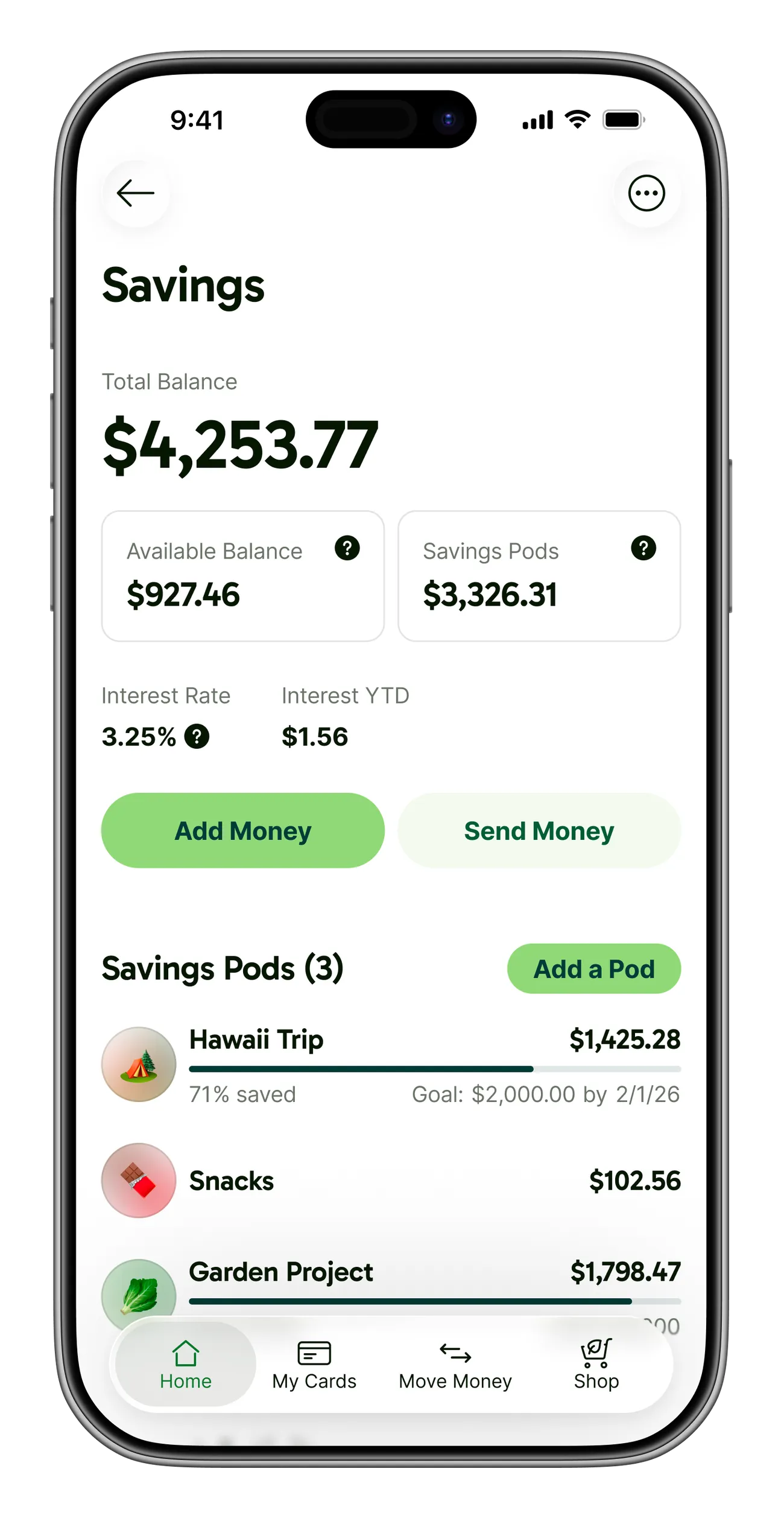 A Savings account view with a $4,253.77 total balance broken into Available Balance and Savings Pods tiles, Add Money and Send Money buttons, and a 'Savings Pods (3)' list showing Hawaii Trip, Snacks, and Garden Project with balances and progress bars.
