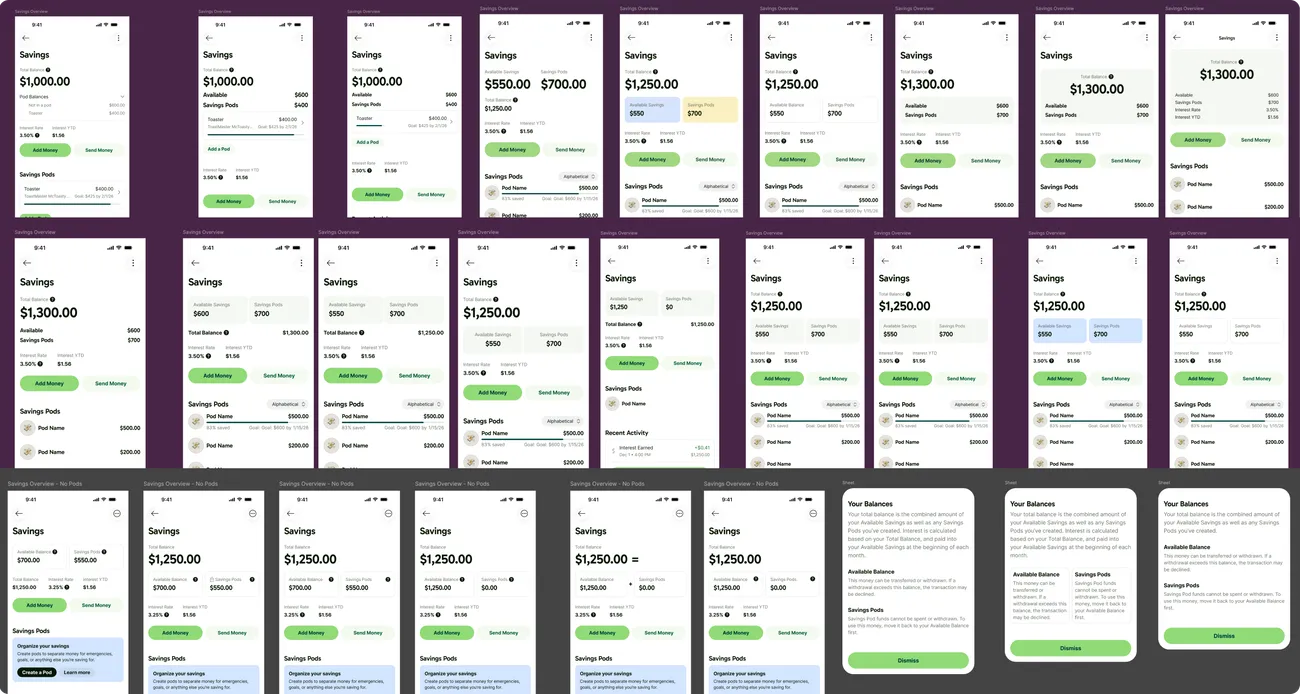 A screenshot depicting many small design explorations for presenting the account balance breakdown.