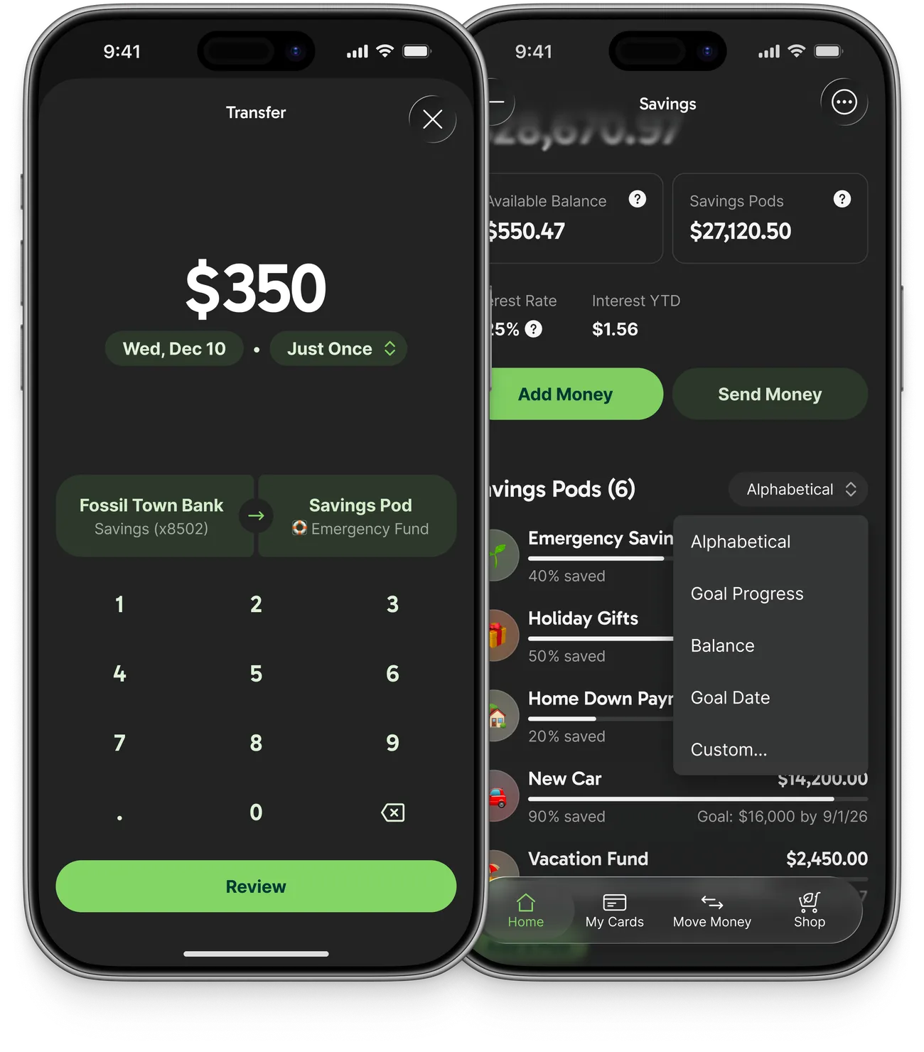 Two UI mockups: A descoped funding form design showing a recurring frequency chip and a source and destination picker, and a dropdown design for sorting the pod list, with options like Alphabetical, Goal Progress, Balance, and Goal Date.