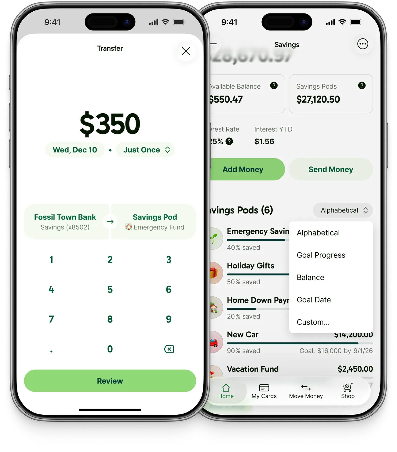 Two UI mockups: A descoped funding form design showing a recurring frequency chip and a source and destination picker, and a dropdown design for sorting the pod list, with options like Alphabetical, Goal Progress, Balance, and Goal Date.