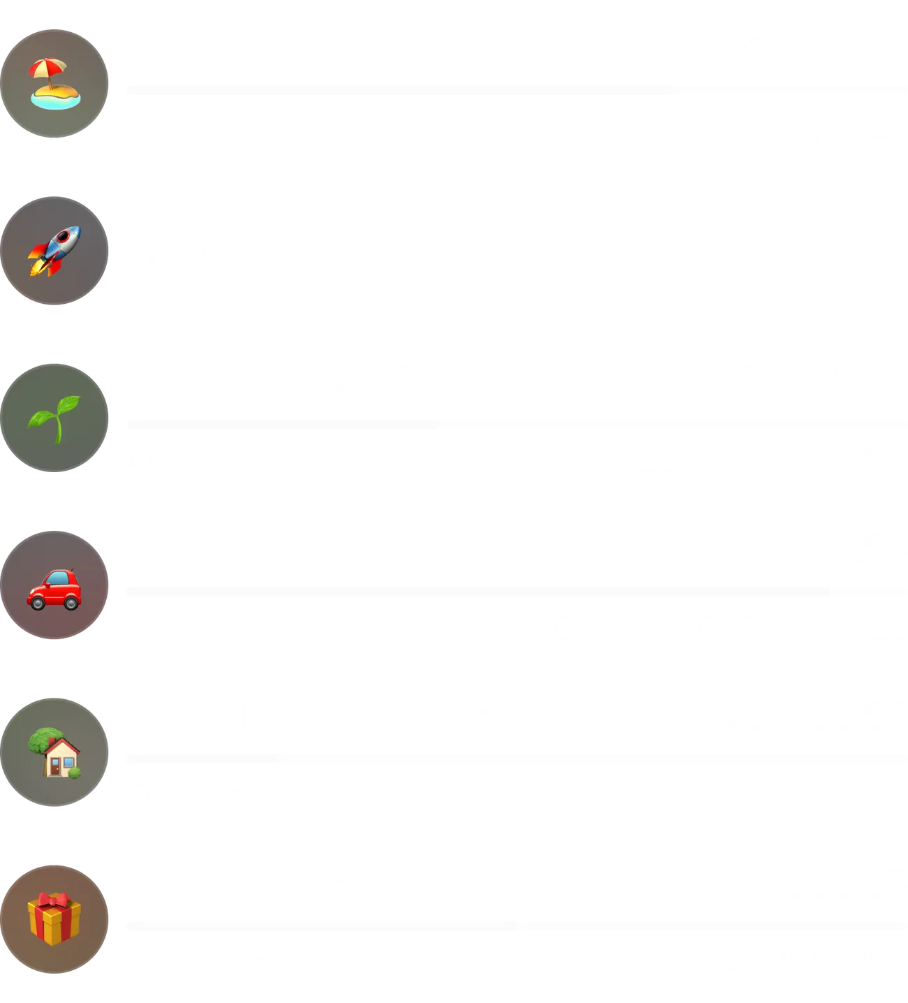A list of six Savings Pods, each with an emoji icon in a softly tinted circle, a name, a balance, and a goal progress bar, like Vacation Fund at 70% saved toward $3,500.