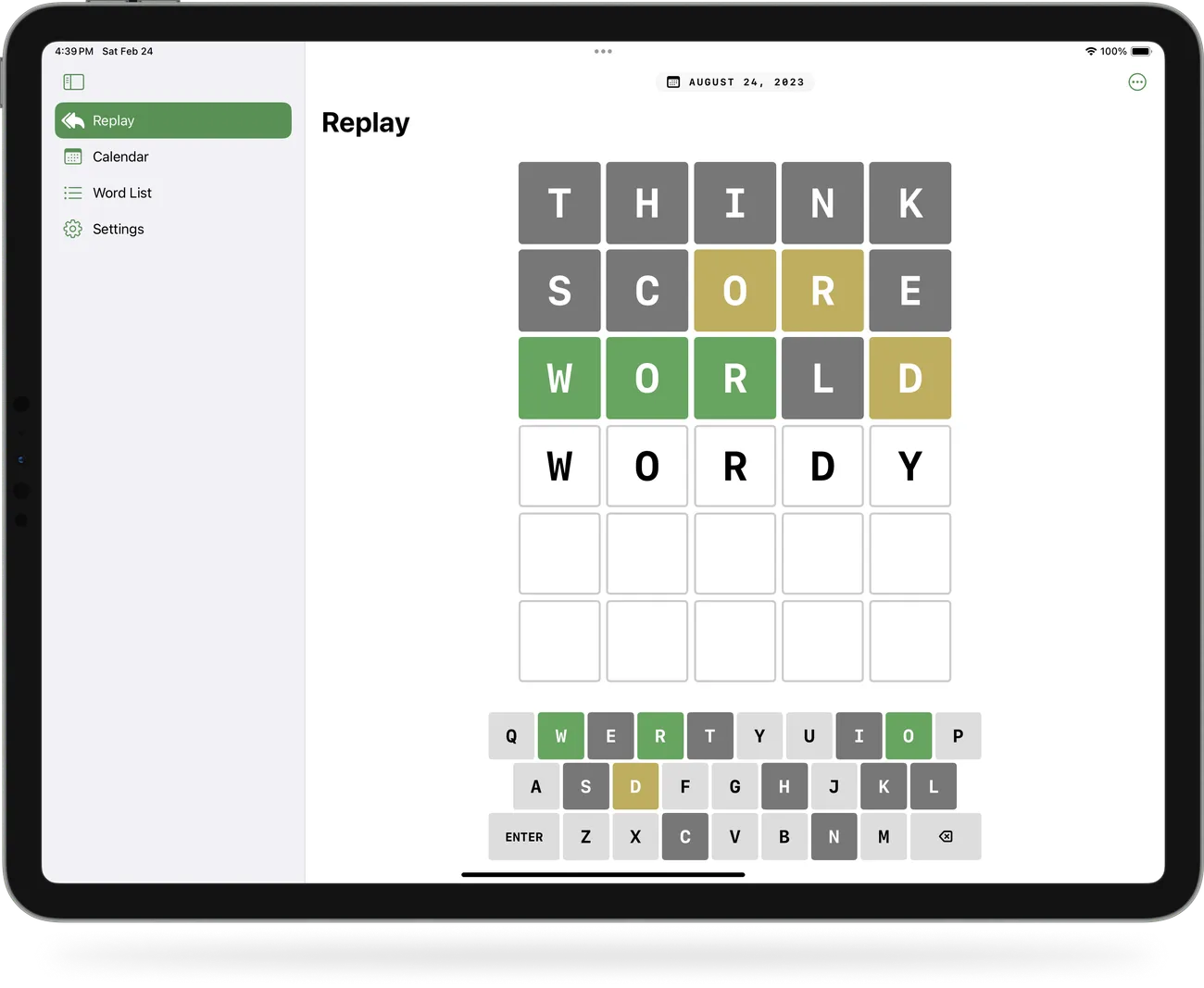 Wordled running on an iPad, its board and keyboard scaled to fill the screen