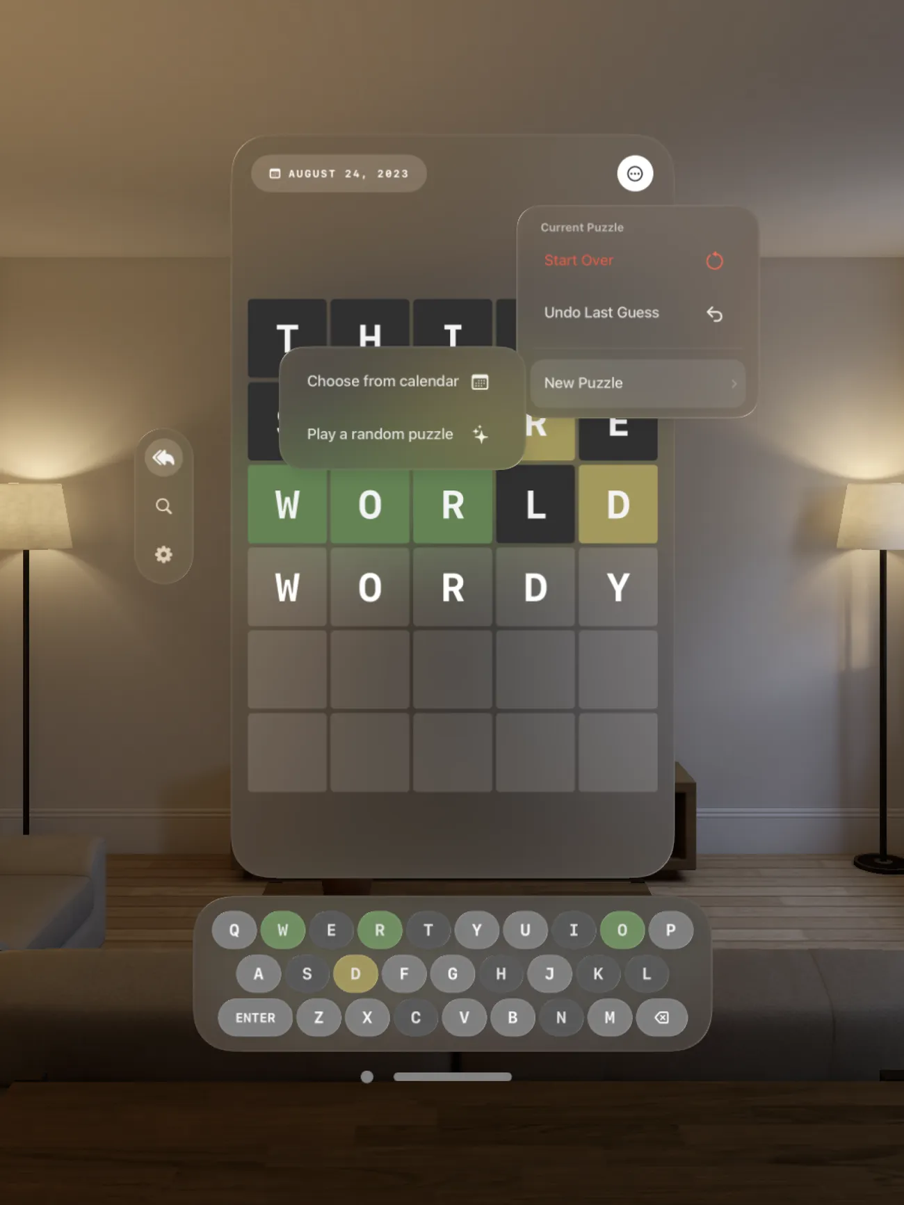 Wordled running on visionOS with the keyboard and navigation as spatial ornaments