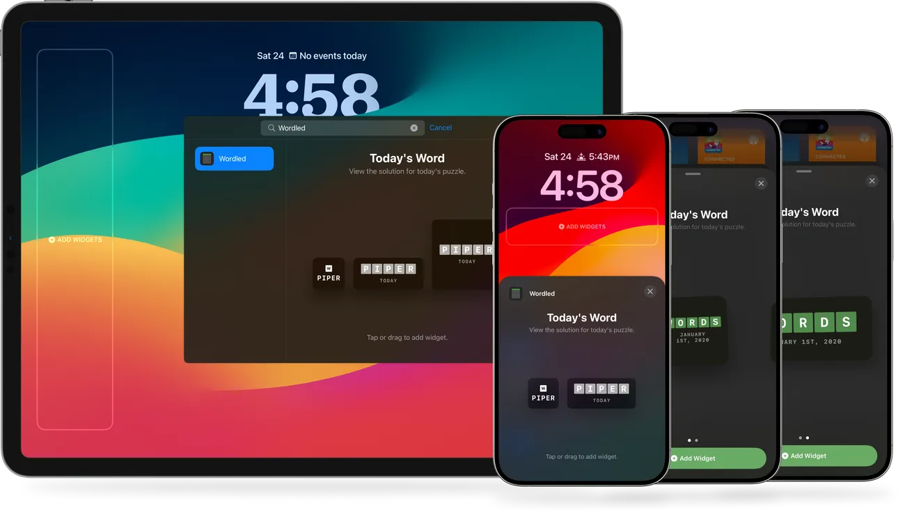 Wordled home-screen widgets showing the day's puzzle solution